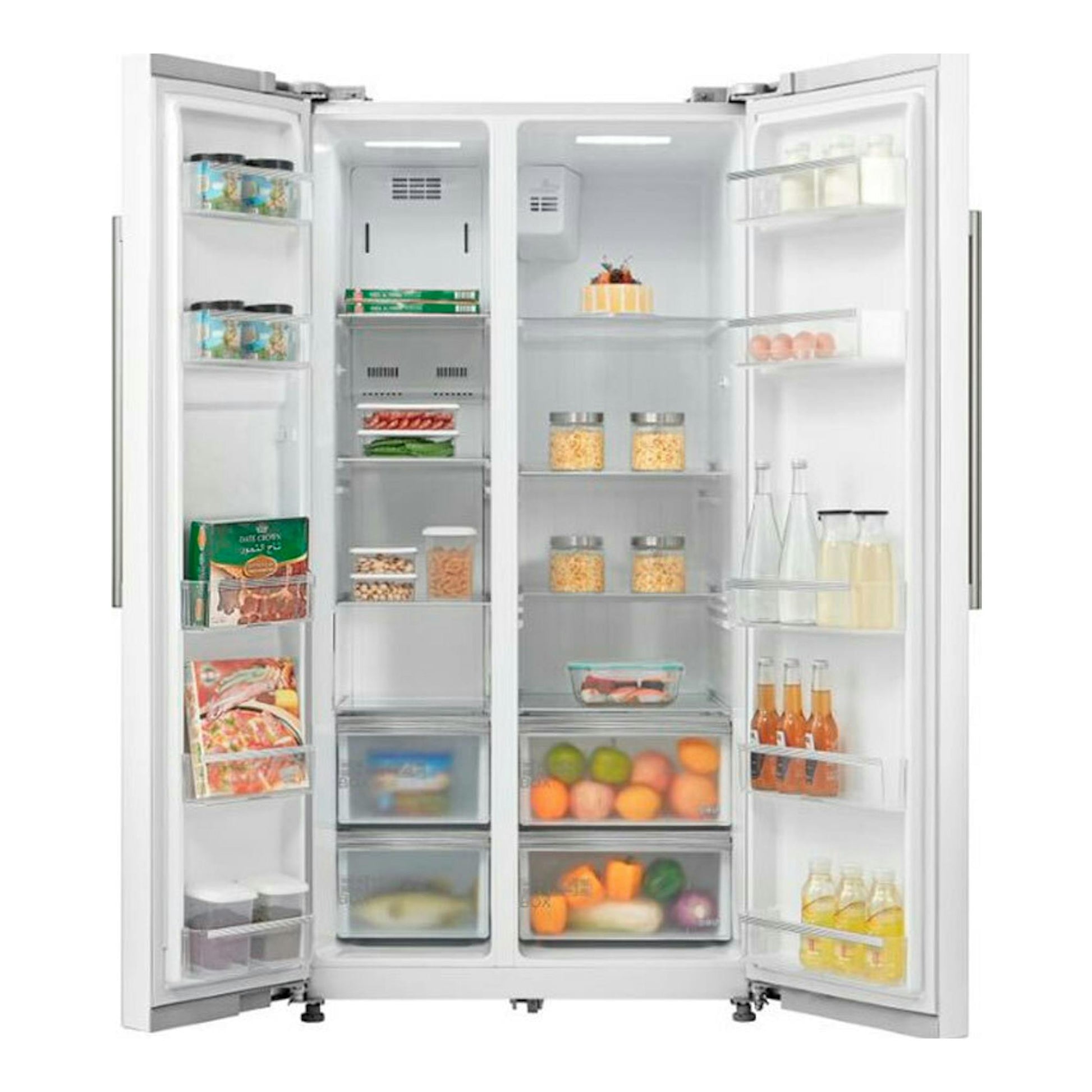Frigorífico americano Midea MDRS710FGF01 blanco, puerta doble abierta en vista frontal, con estantes llenos.
