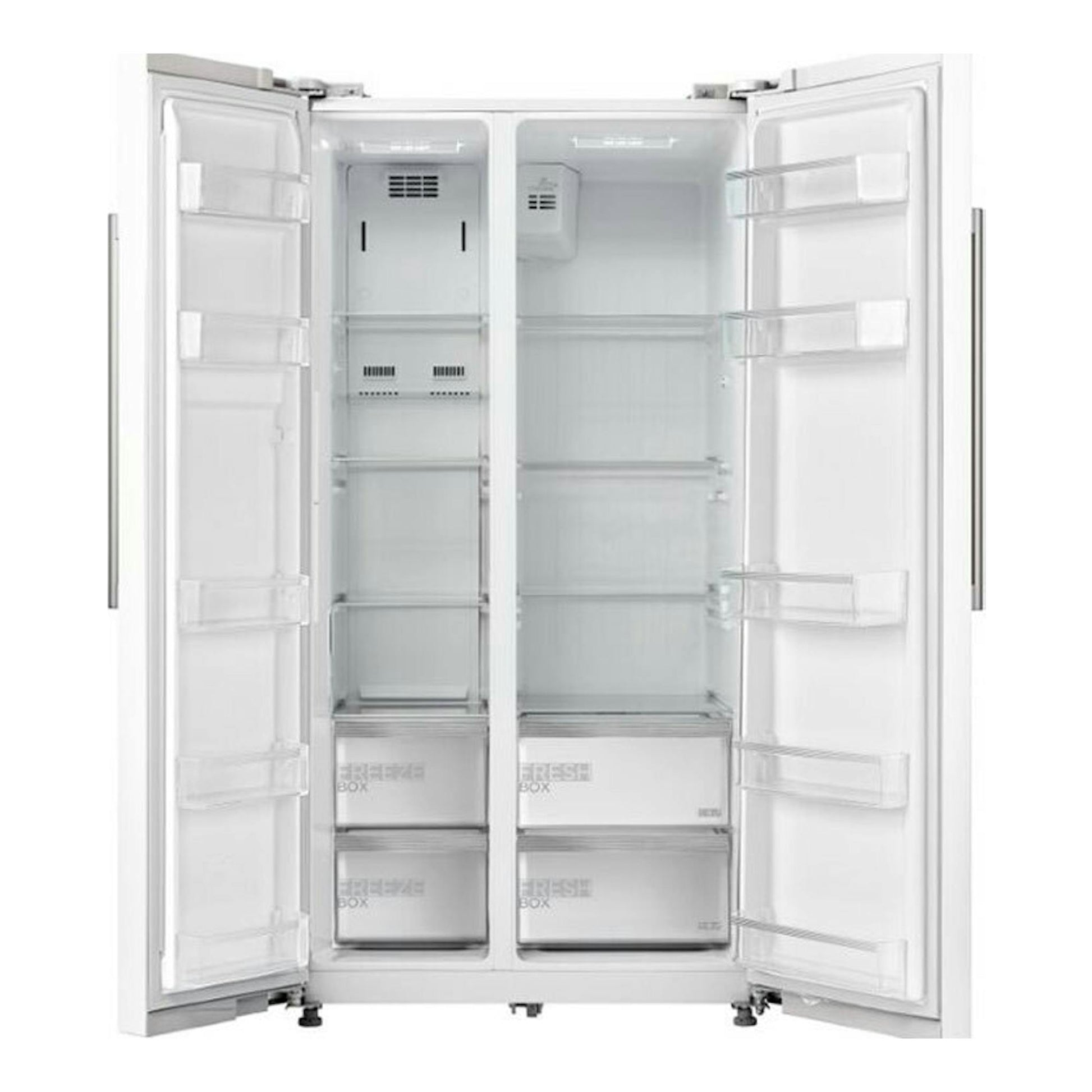 Frigorífico americano Midea MDRS710FGF01 blanco, con puertas abiertas y vista frontal del interior.