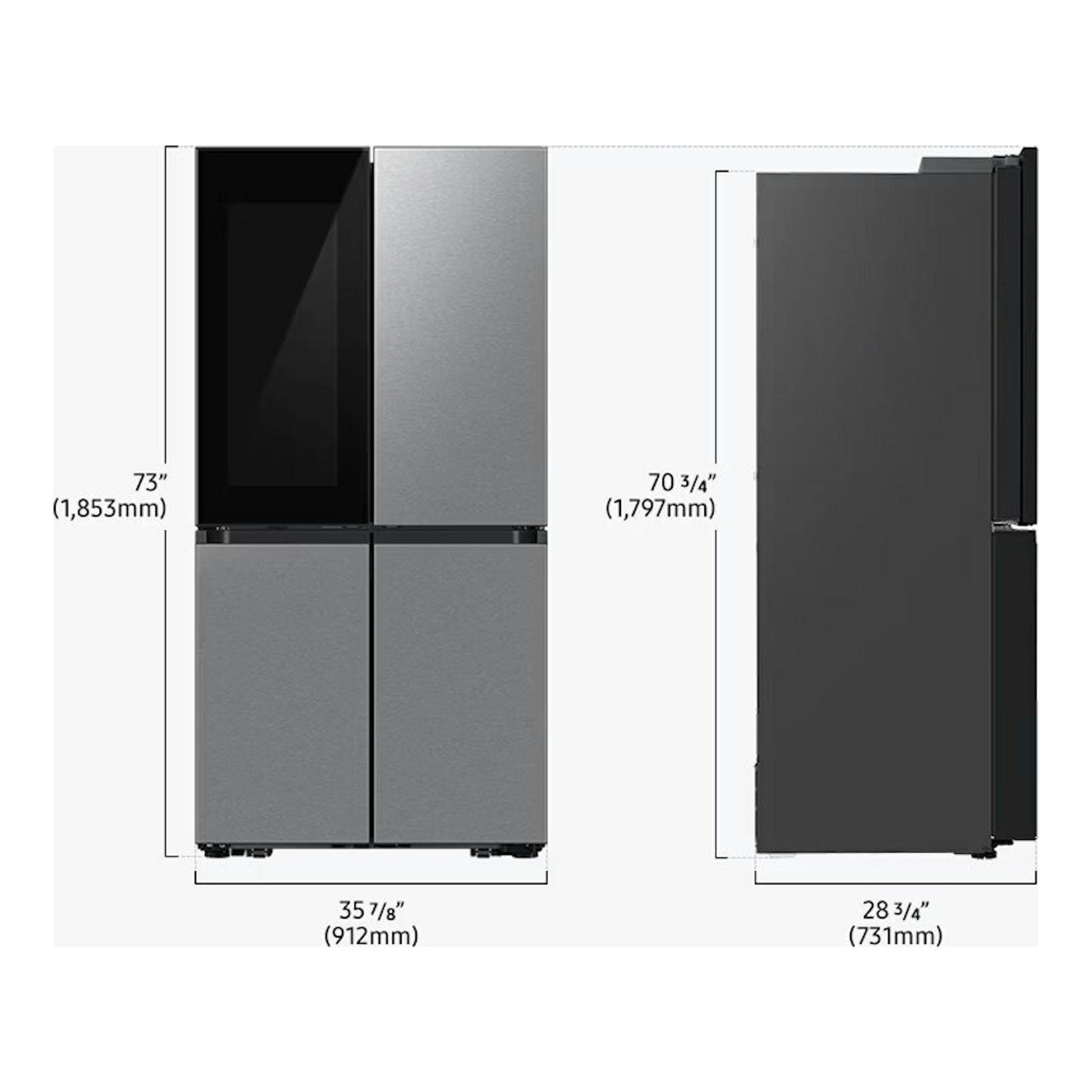 Frigorífico americano Samsung RF65DB970E22EF negro y gris, vista frontal y lateral con medidas.