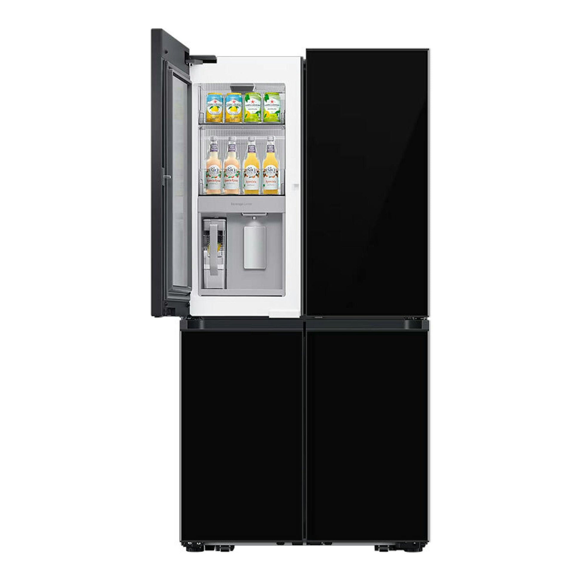 Frigorífico americano Samsung RF65DB970E22EF negro, puerta izquierda abierta y compartimentos con bebidas.