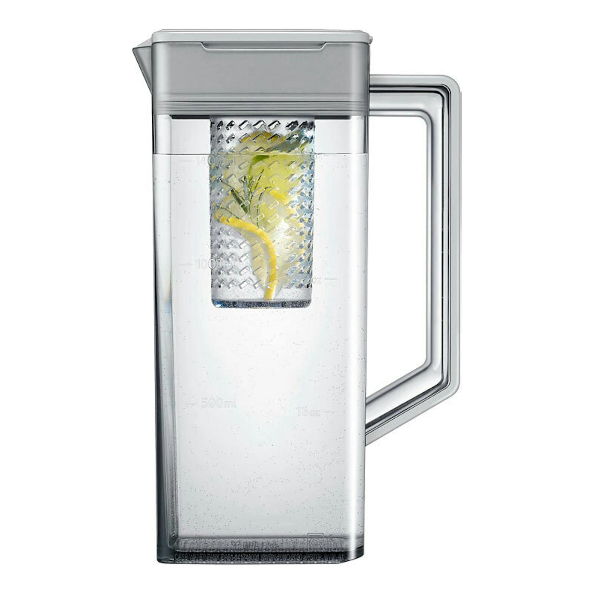 Jarra de agua transparente con tapa y asa gris, con infusor interior y rodaja de limón.