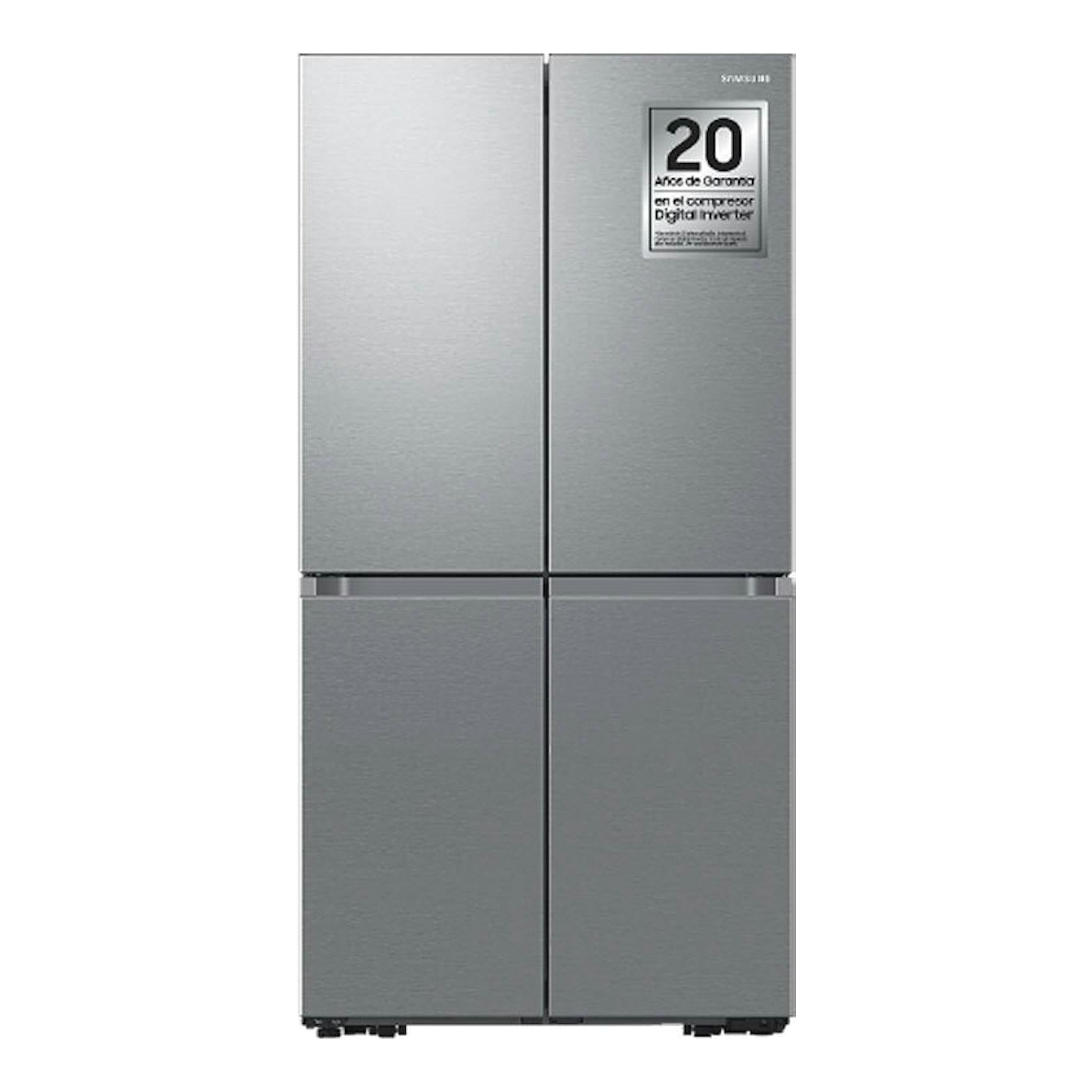 Frigorífico americano Samsung RF65DG960ESREF en inox, vista frontal de cuatro puertas.