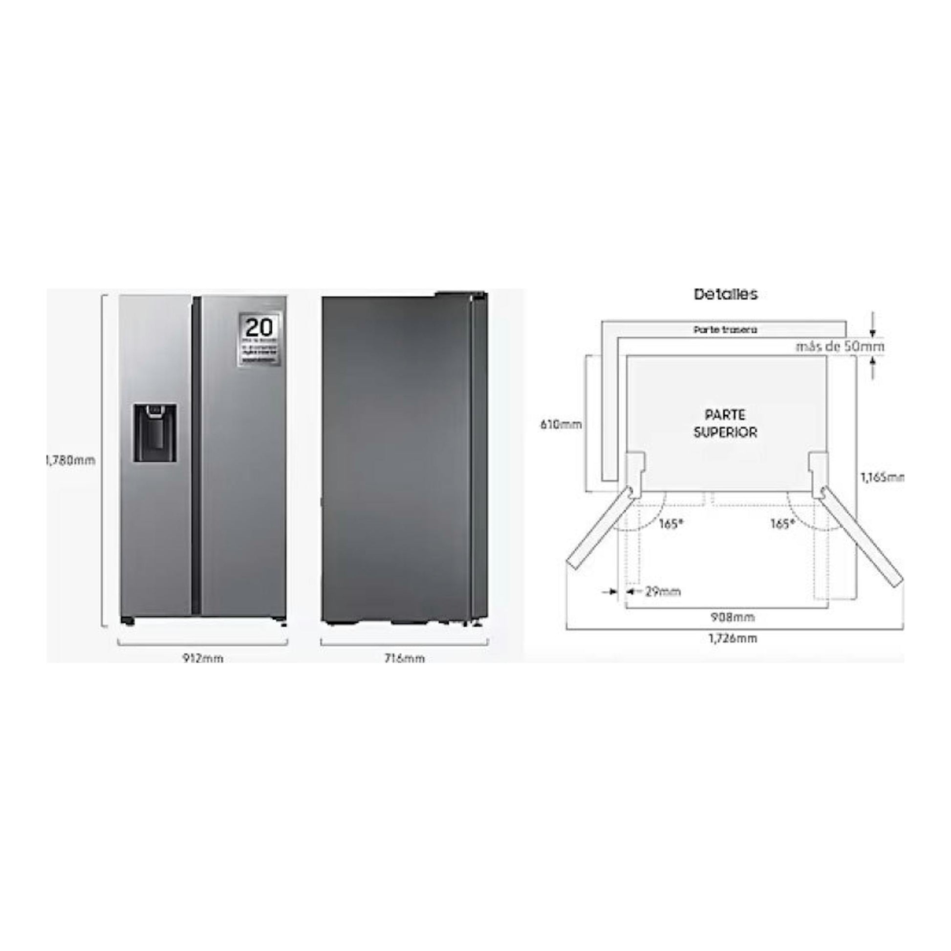 Frigorífico americano Samsung RF65DG960ESREF en inox, vista frontal y lateral con esquema de medidas.