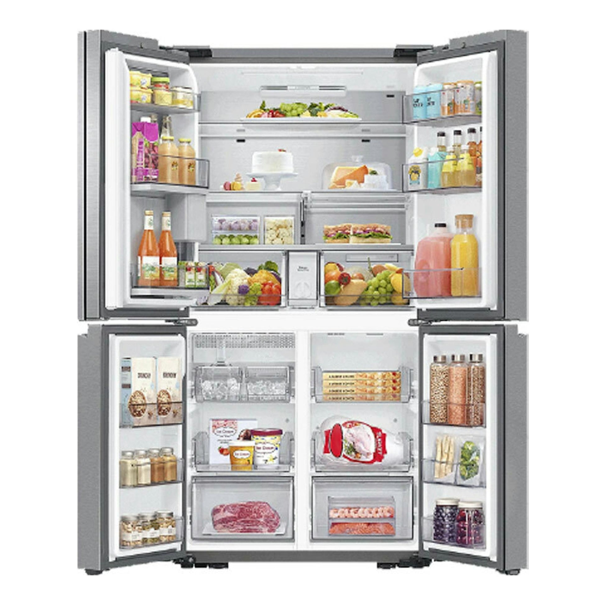 Frigorífico americano Samsung RF65DG960ESREF inox, vista frontal abierto con dos puertas y cajones interiores.