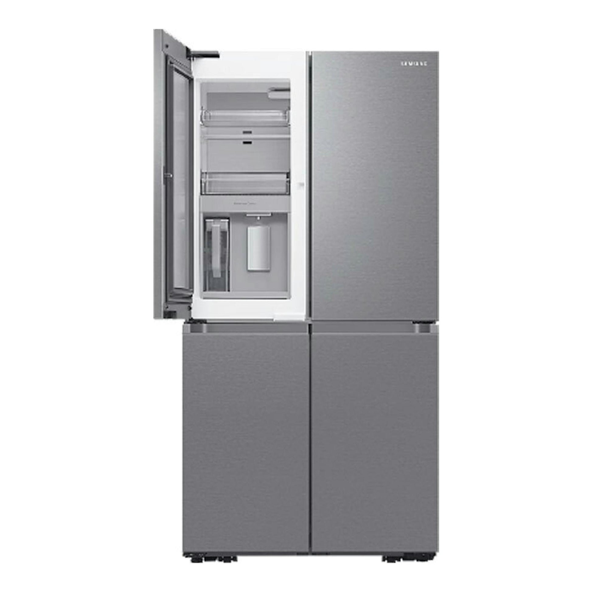 Frigorífico americano Samsung RF65DG960ESREF inox, frontal, con puerta abierta y dispensador interior.
