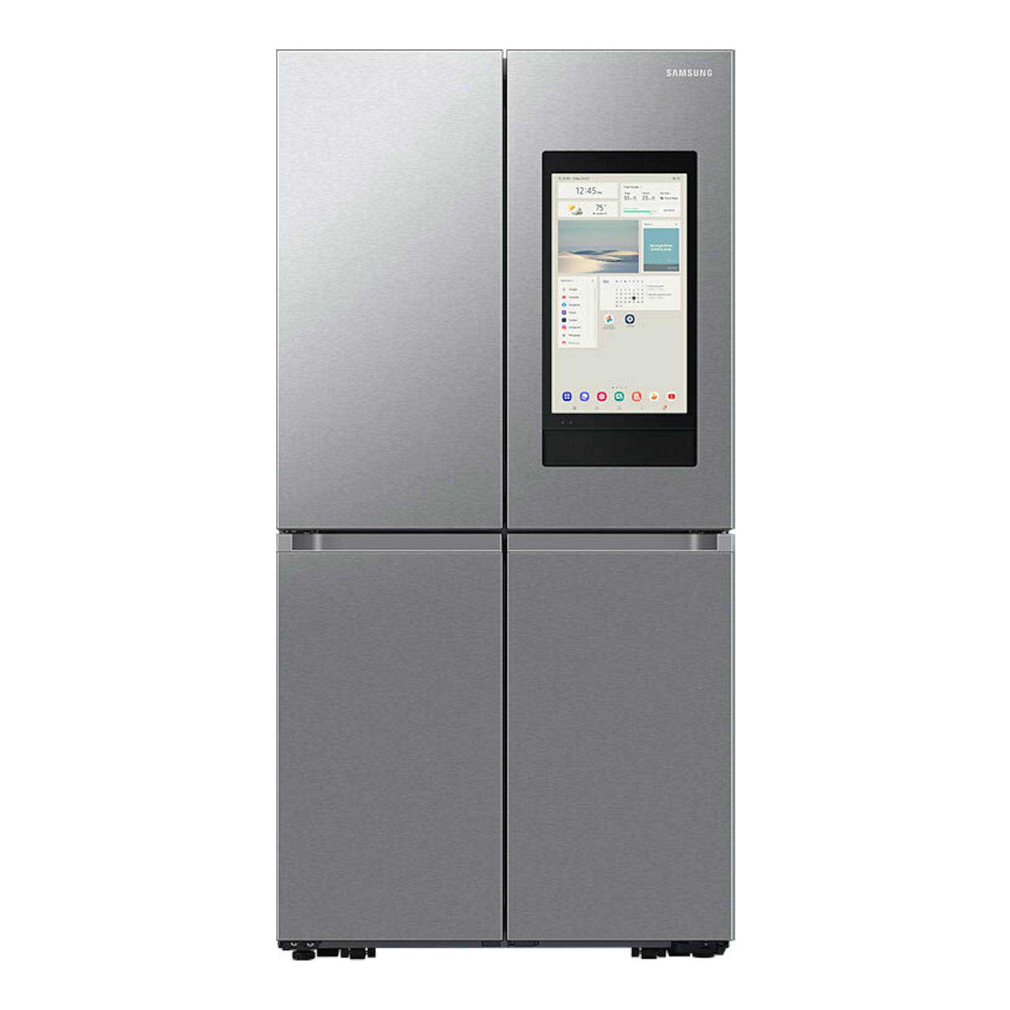 Frigorífico americano Samsung RF65DG9H0ESREF inox, vista frontal, cuatro puertas y pantalla en la puerta derecha.