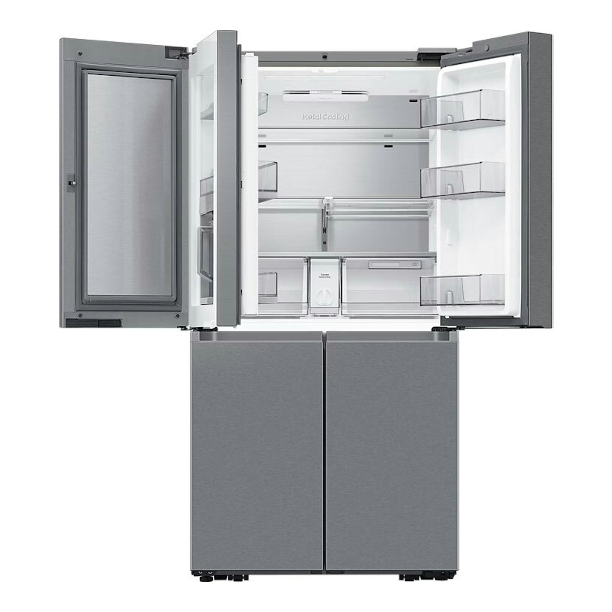 Frigorífico americano Samsung RF65DG9H0ESREF inox, vista frontal con puertas abiertas e interior visible.