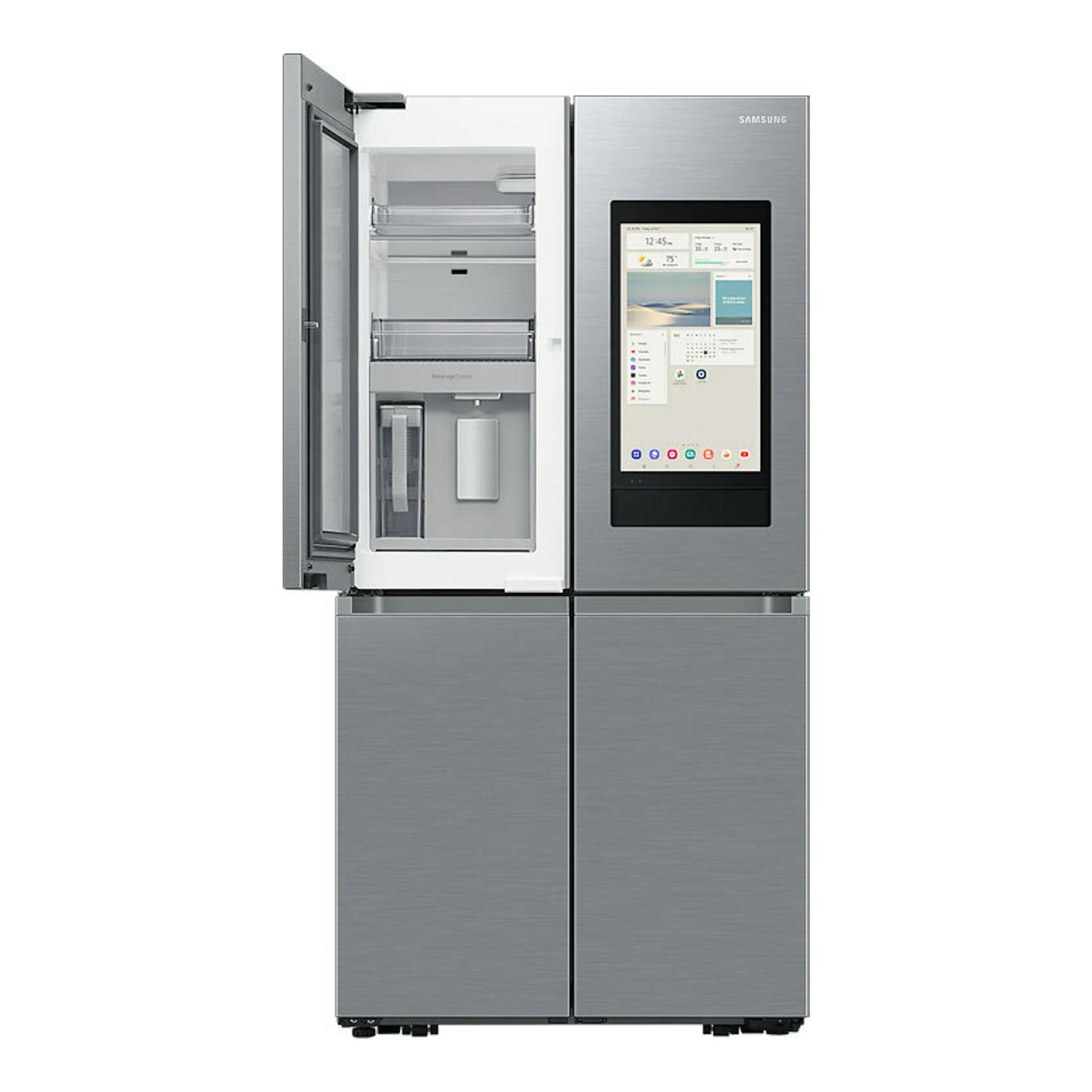 Frigorífico americano Samsung RF65DG9H0ESREF inox, vista frontal con una puerta abierta y pantalla táctil.