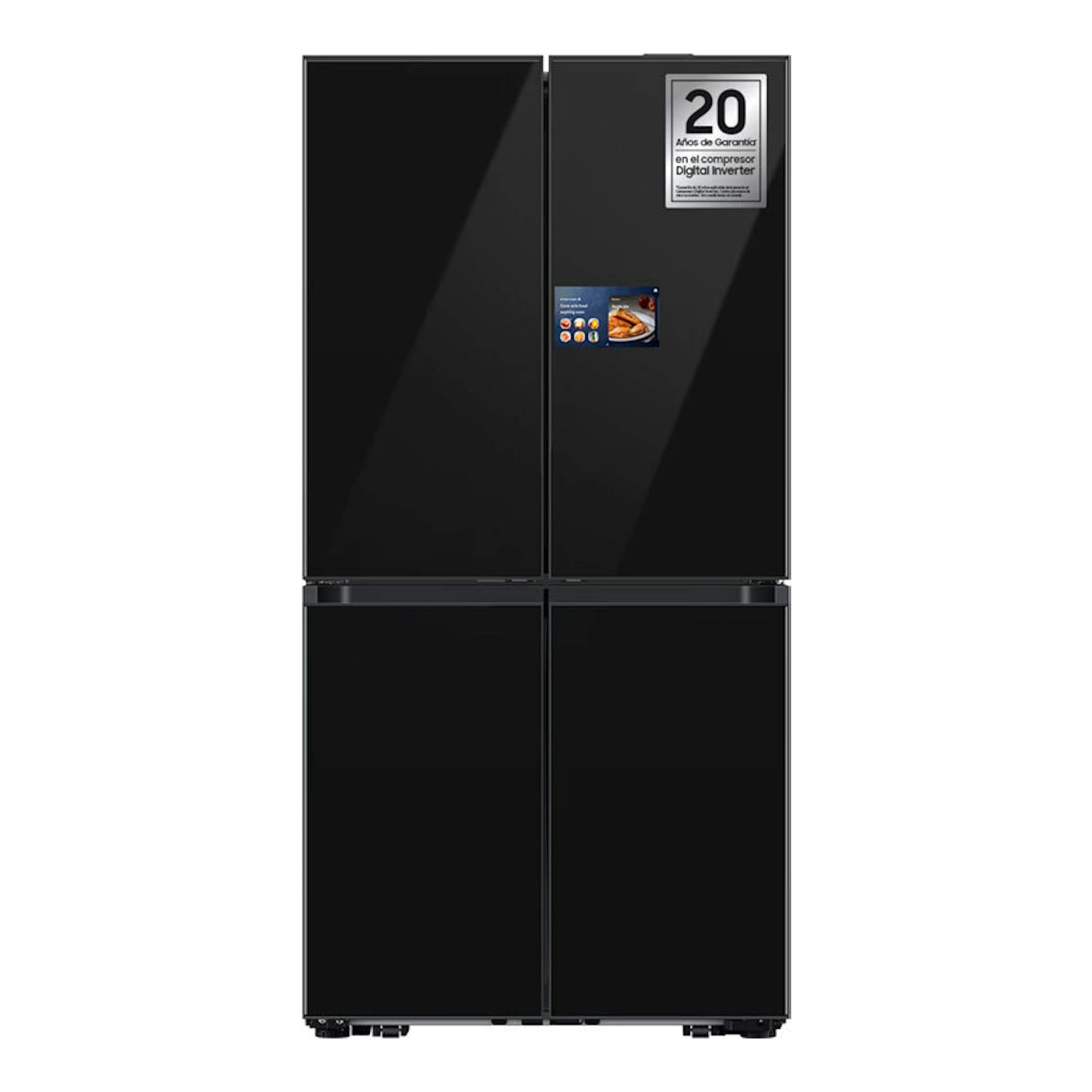 Frigorífico americano Samsung negro, vista frontal, con cuatro puertas.