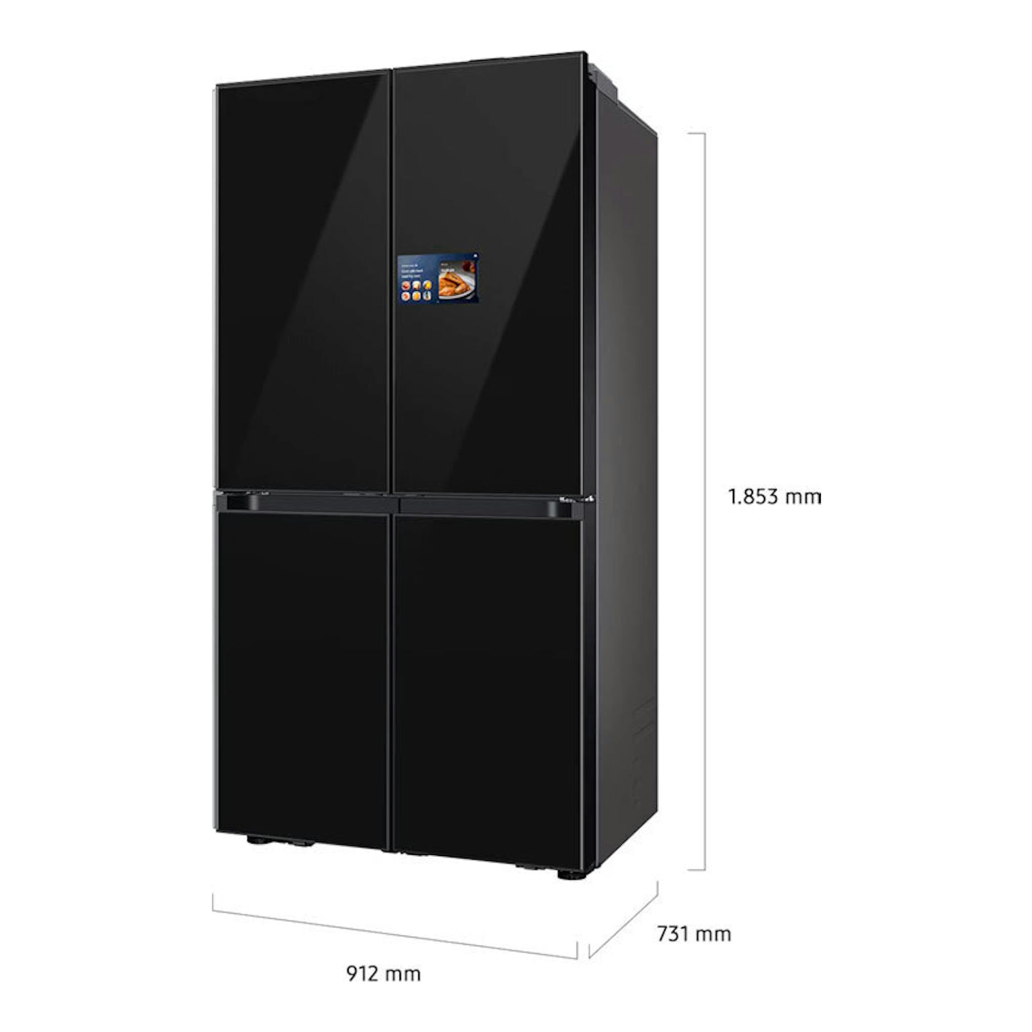 Frigorífico americano Samsung RM90F67CECEF negro, vista frontal en 3/4, con pantalla central.