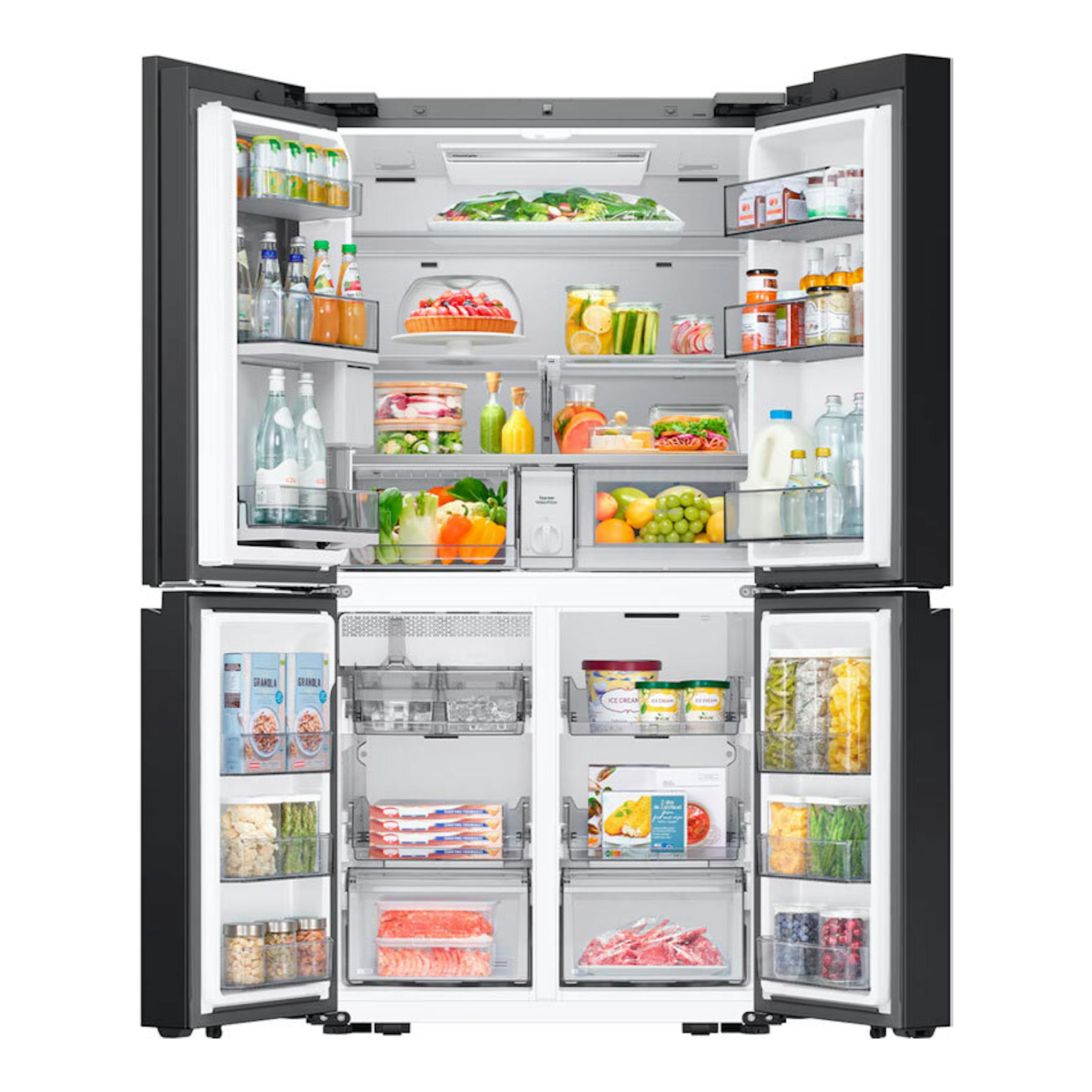 Frigorífico americano Samsung RM90F67CECEF negro, vista frontal con puertas abiertas e interior con alimentos.