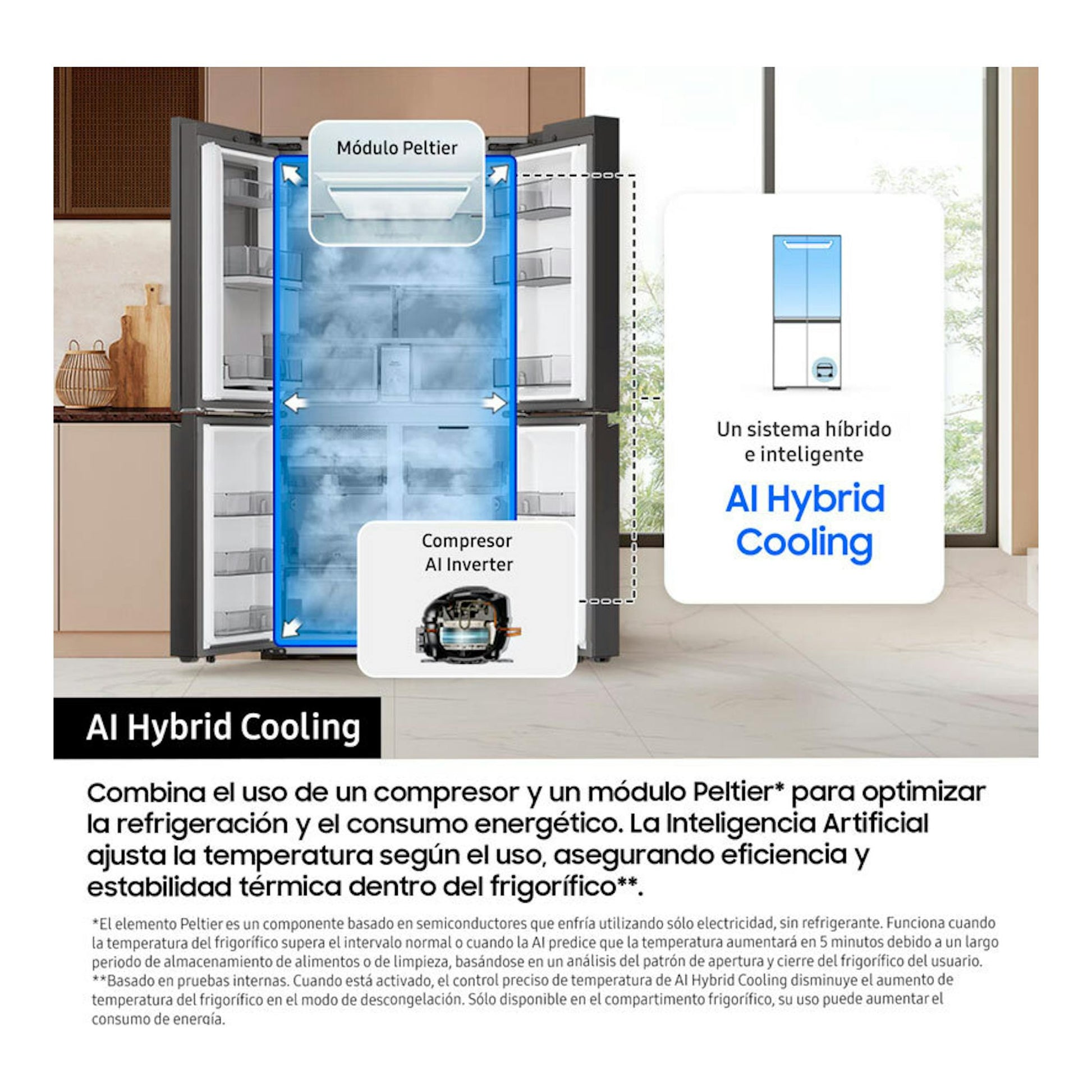 Frigorífico americano Samsung RM90F67CECEF negro, vista frontal con las puertas abiertas y gráfico de AI Hybrid Cooling.