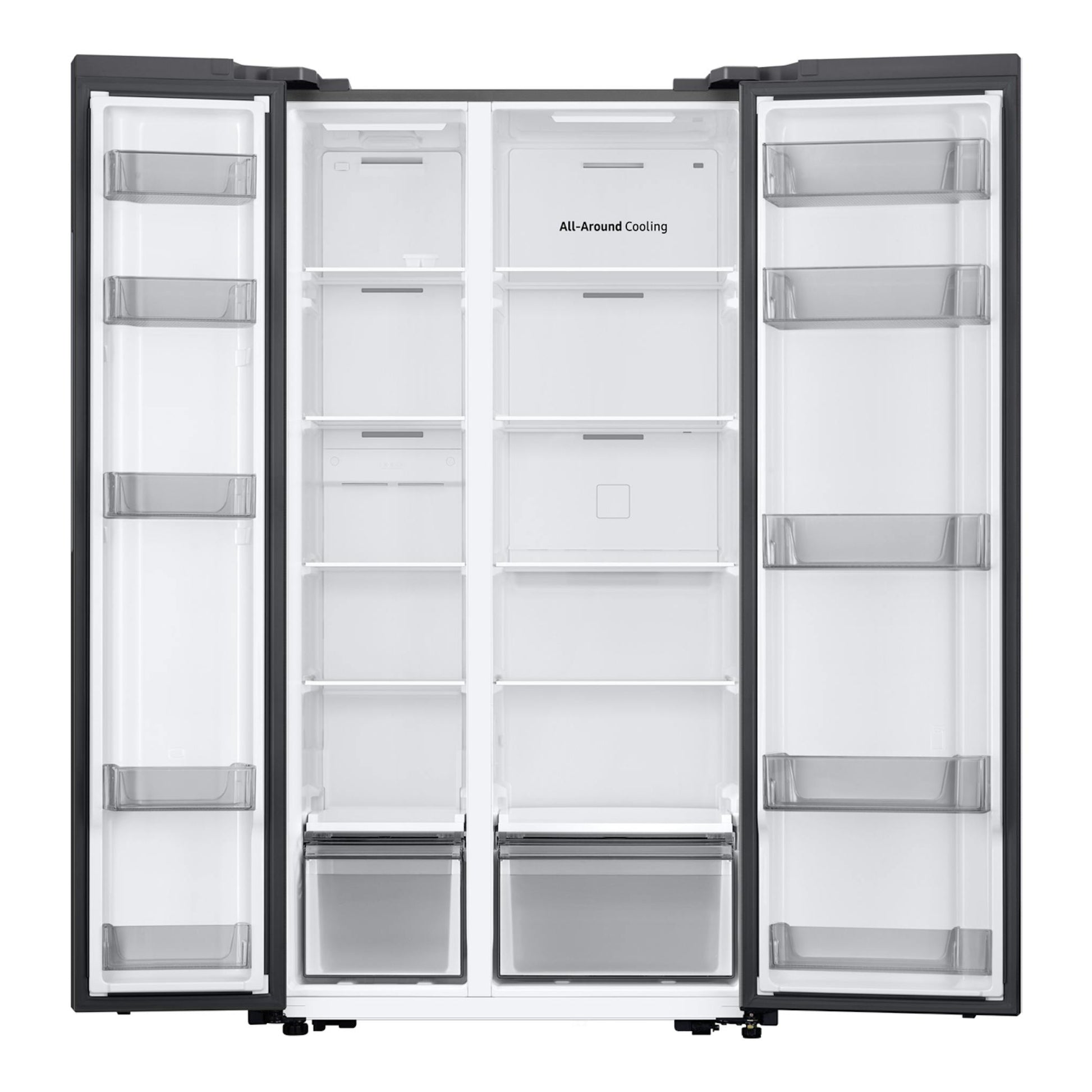 Frigorífico americano Samsung RS57DG400EM9EF, vista frontal abierto, puertas gris oscuro e interior blanco con cajones.