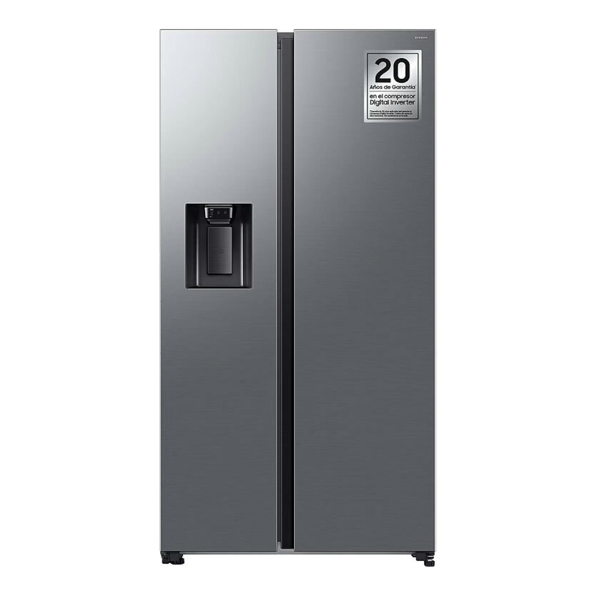 Frigorífico americano Samsung RS70F64KETEF inox, vista frontal, con dispensador de agua en la puerta.