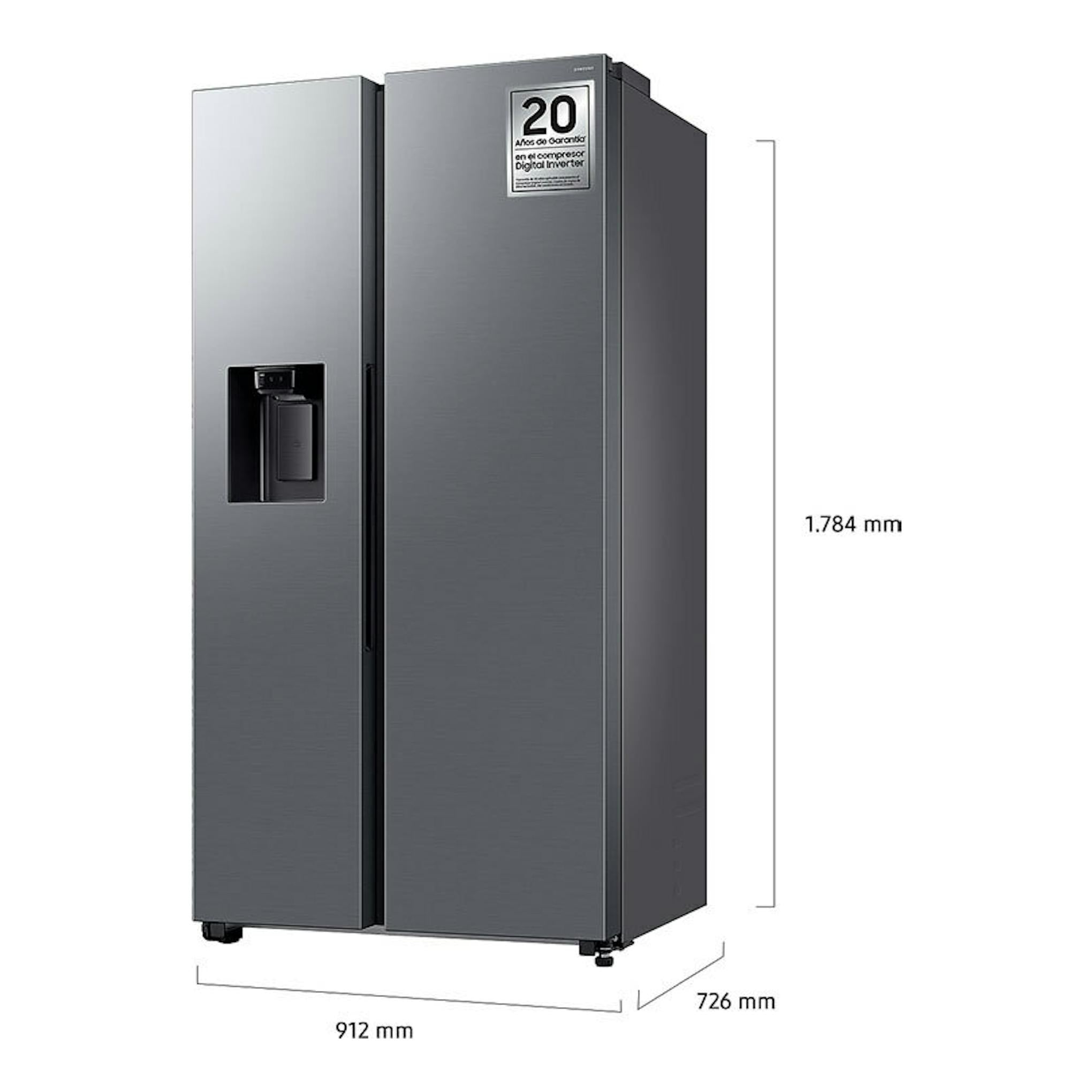 Frigorífico americano Samsung RS70F64KETEF inox, vista frontal en ángulo, con dispensador y medidas visibles.