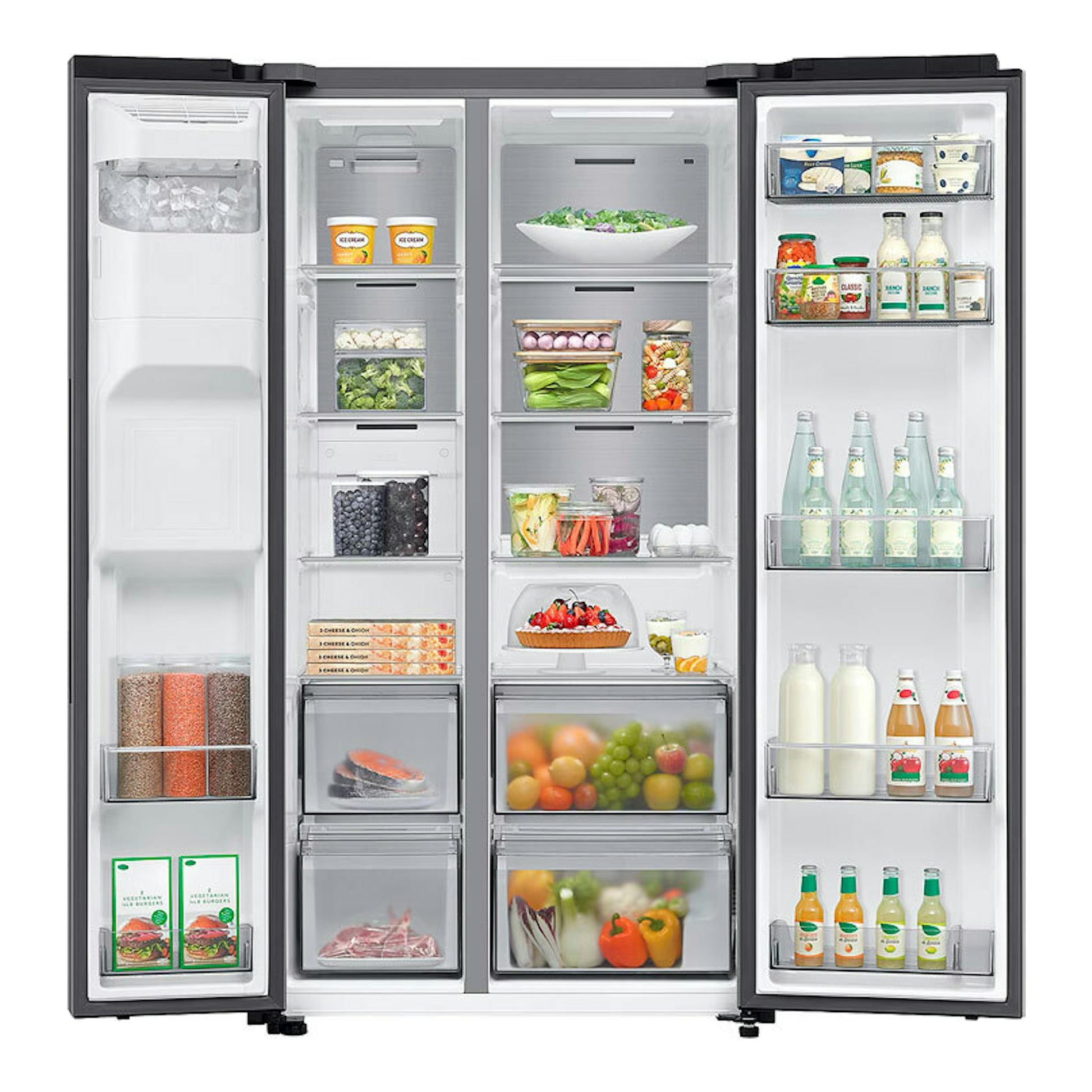 Frigorífico americano Samsung RS70F64KETEF inox, vista frontal con puertas abiertas y compartimentos visibles.