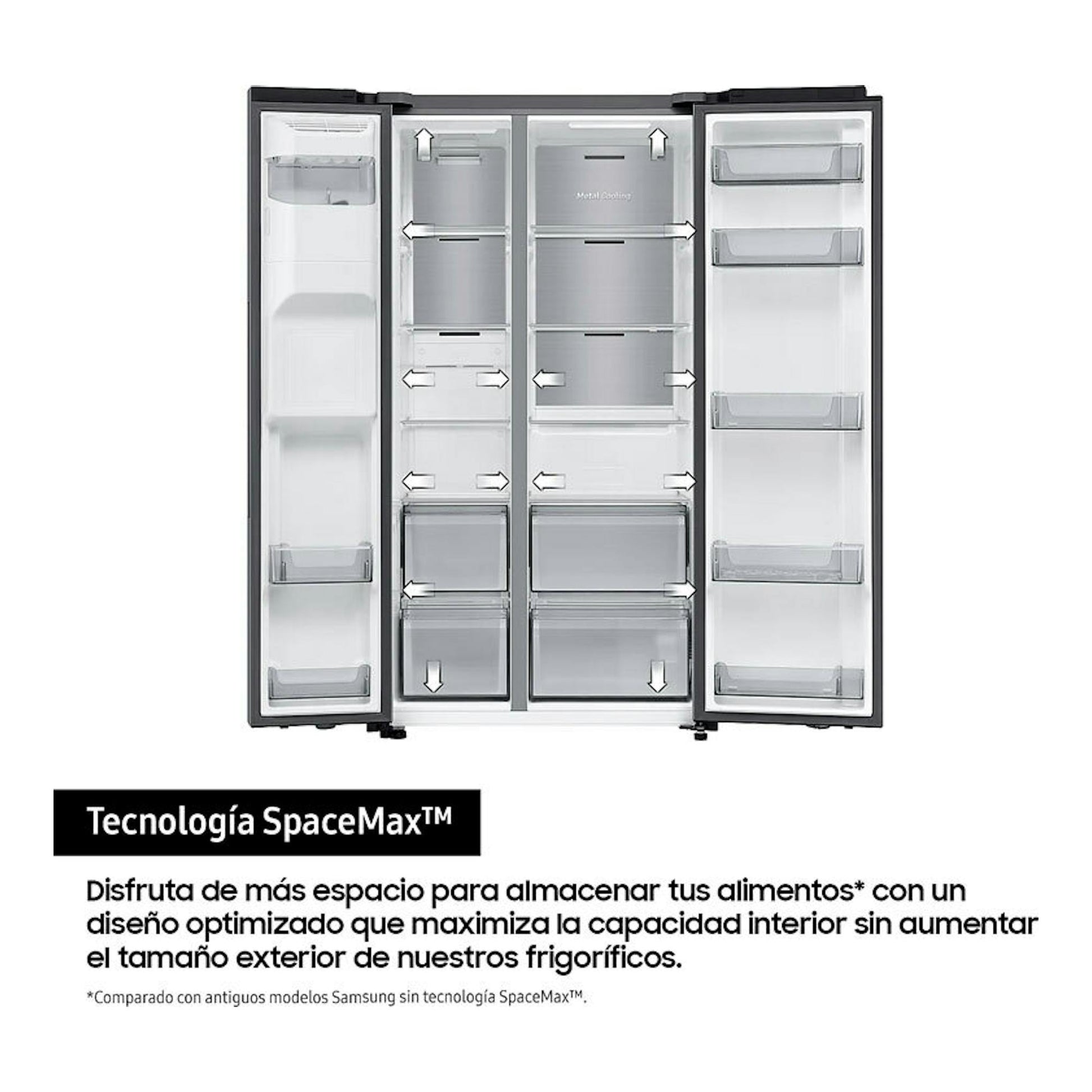 Frigorífico americano Samsung RS70F64KETEF inox, vista frontal abierta con puertas y compartimentos interiores.