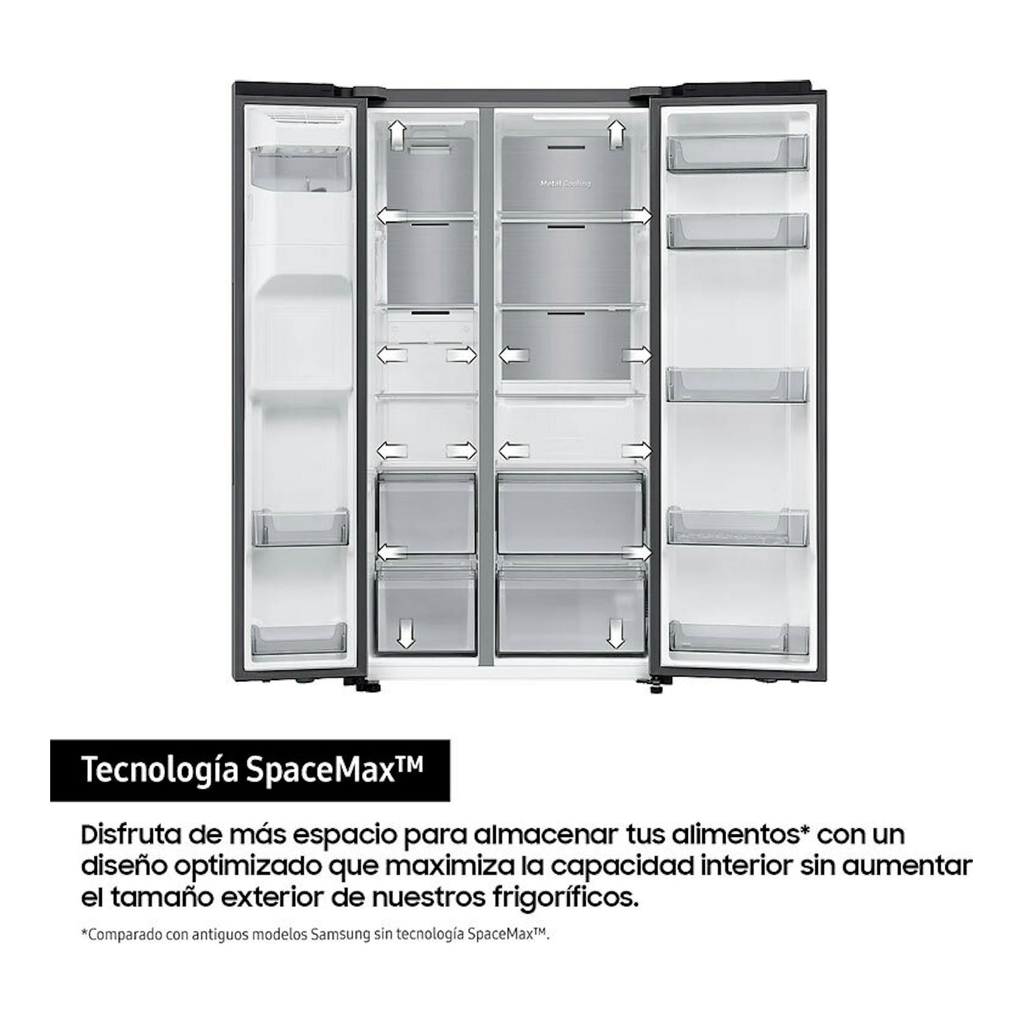 Frigorífico americano Samsung RS70F64KETEF inox, vista frontal abierta con puertas y compartimentos interiores.