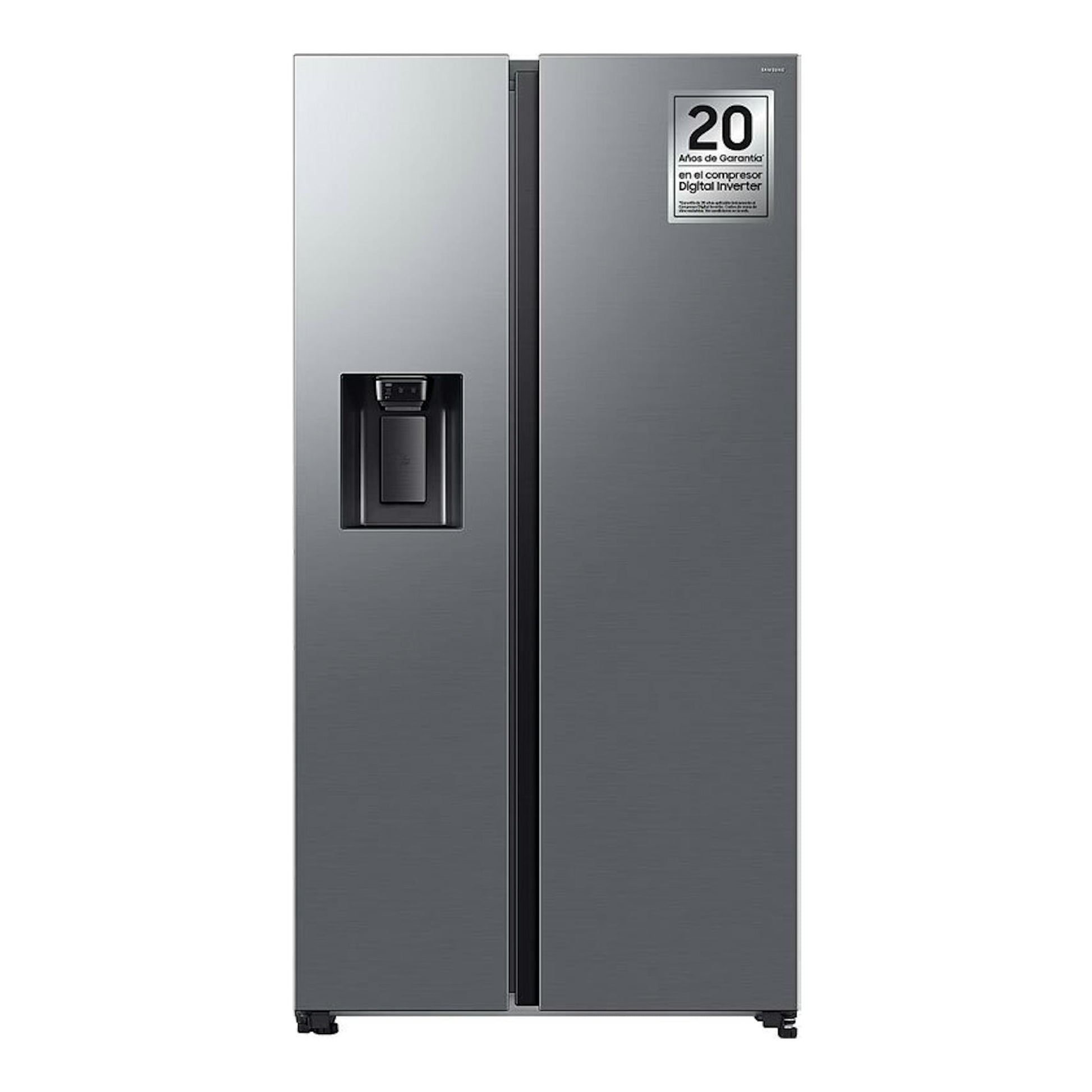 Frigorífico americano Samsung RS70F65KETEF inox, vista frontal, dos puertas y dispensador de agua.