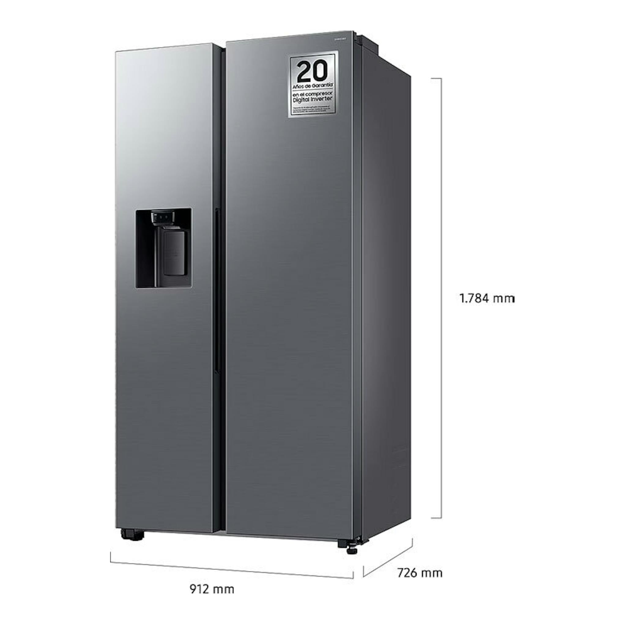 Frigorífico americano Samsung RS70F65KETEF inox, vista frontal en tres cuartos, con dispensador.