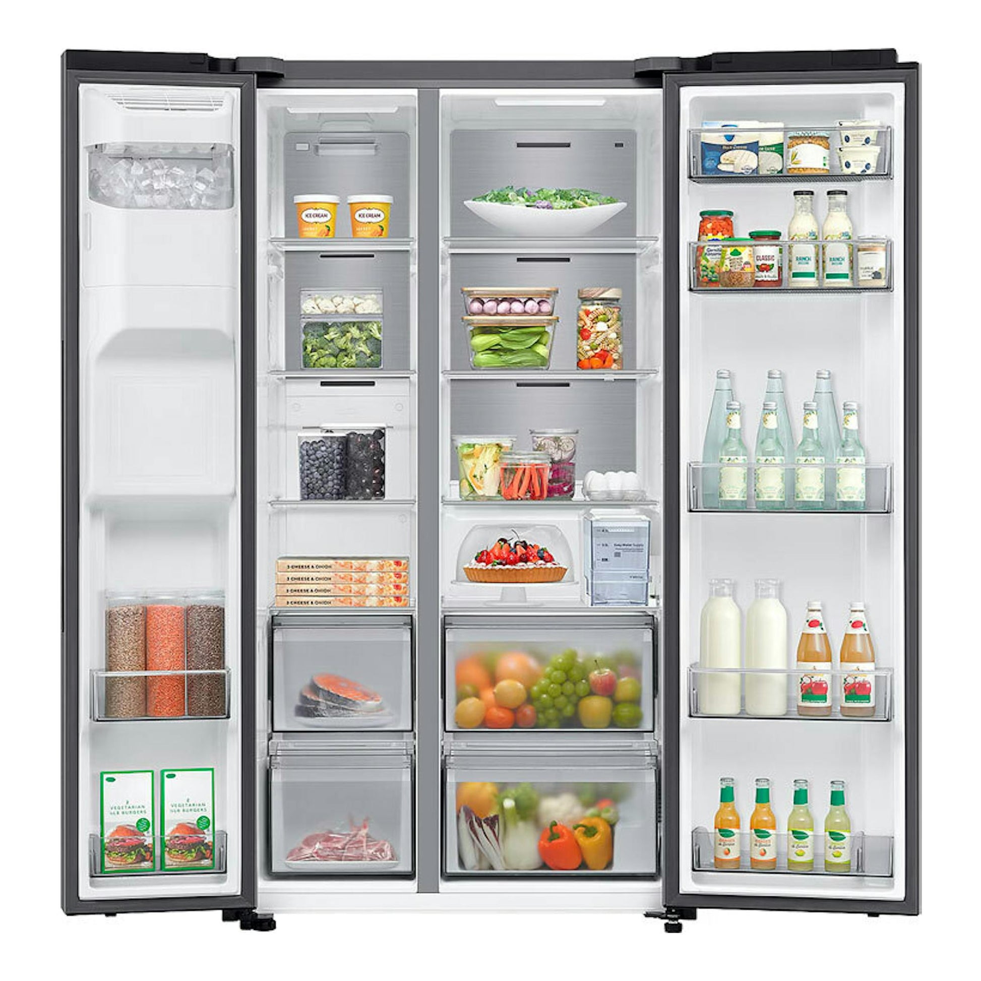 Frigorífico americano Samsung RS70F65KETEF inox, vista frontal abierta con compartimentos y estantes visibles.