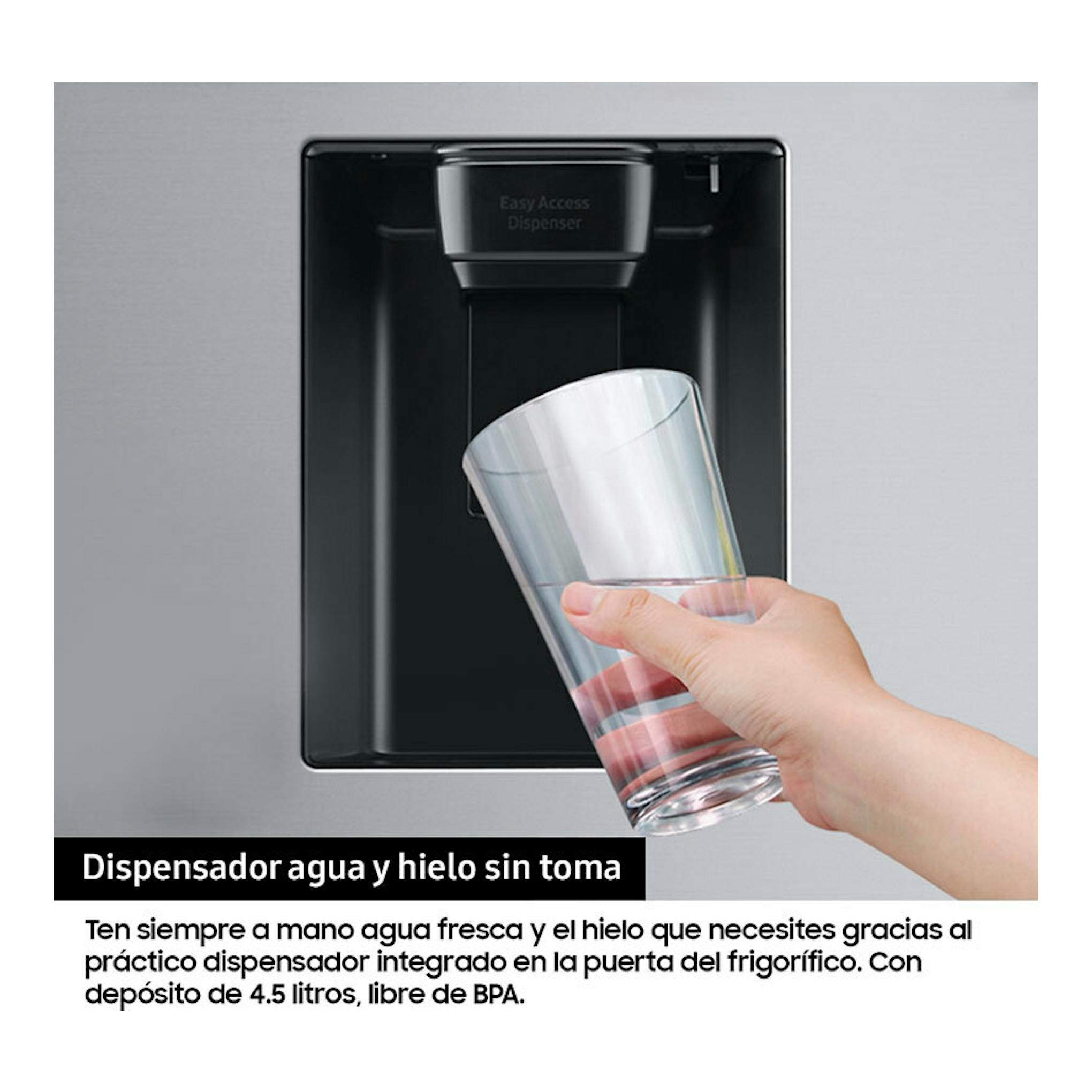 Samsung RS70F65KETEF: dispensador negro de agua y hielo en la puerta, con una mano sujetando un vaso.