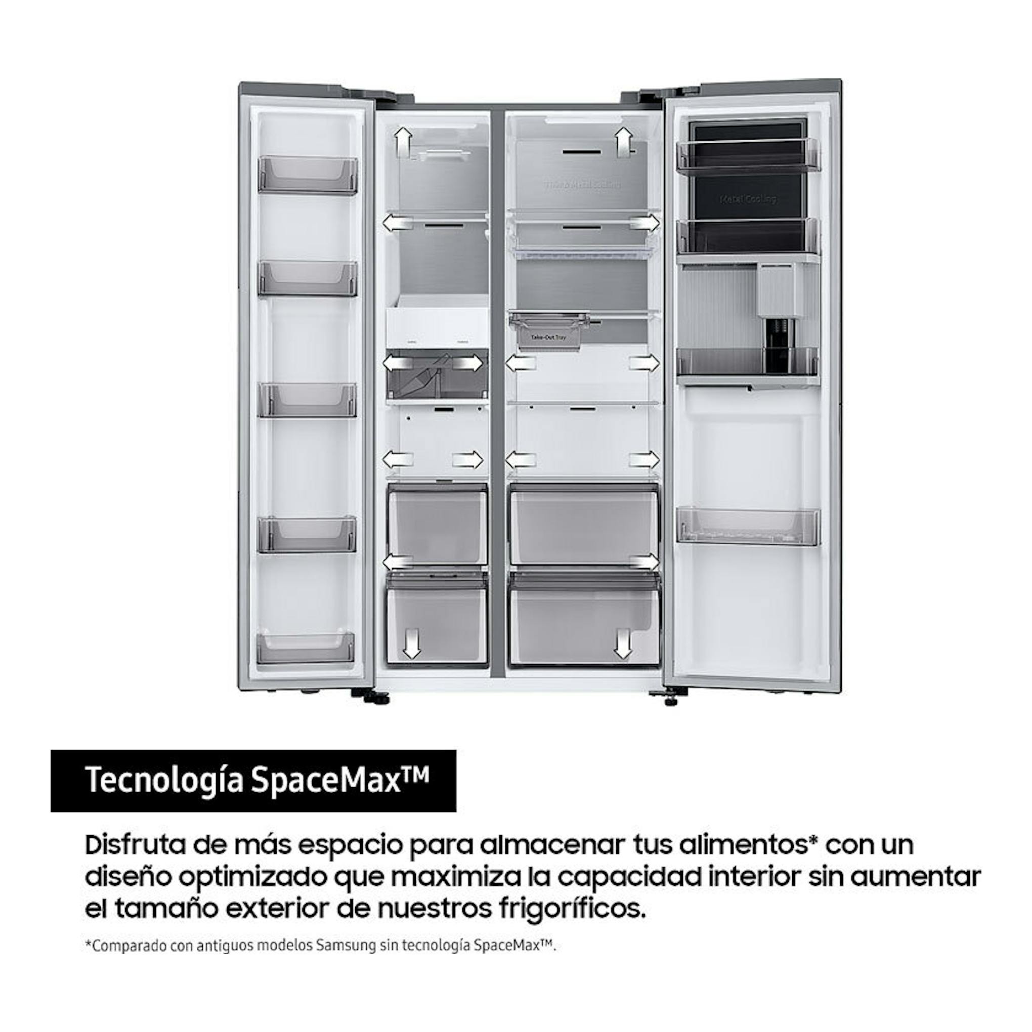 Frigorífico americano Samsung RS70F65KETEF inox, vista frontal, con puertas abiertas y compartimentos visibles.