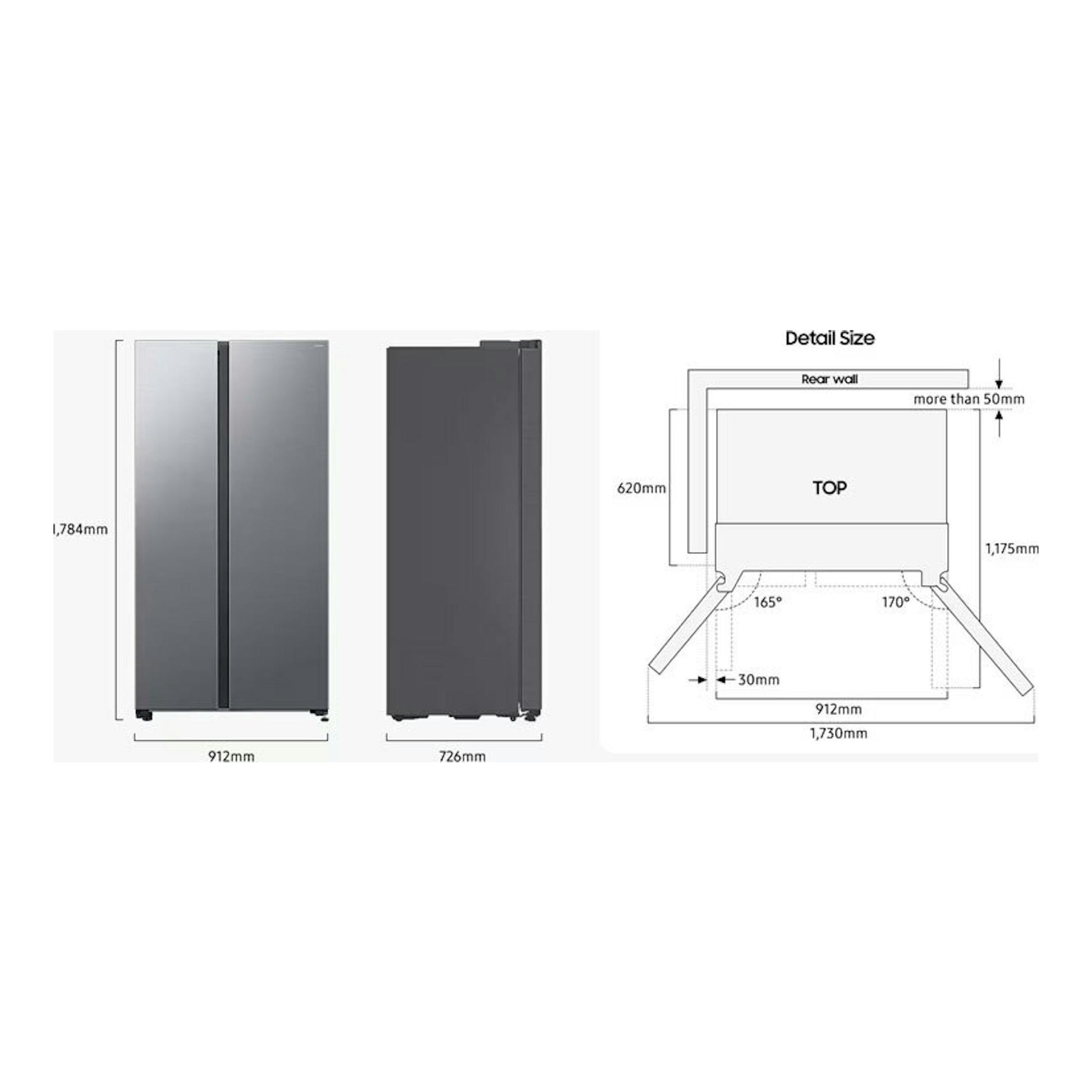 Samsung RS70F65QETEF frigorífico americano inox, vista frontal y lateral con medidas de instalación.