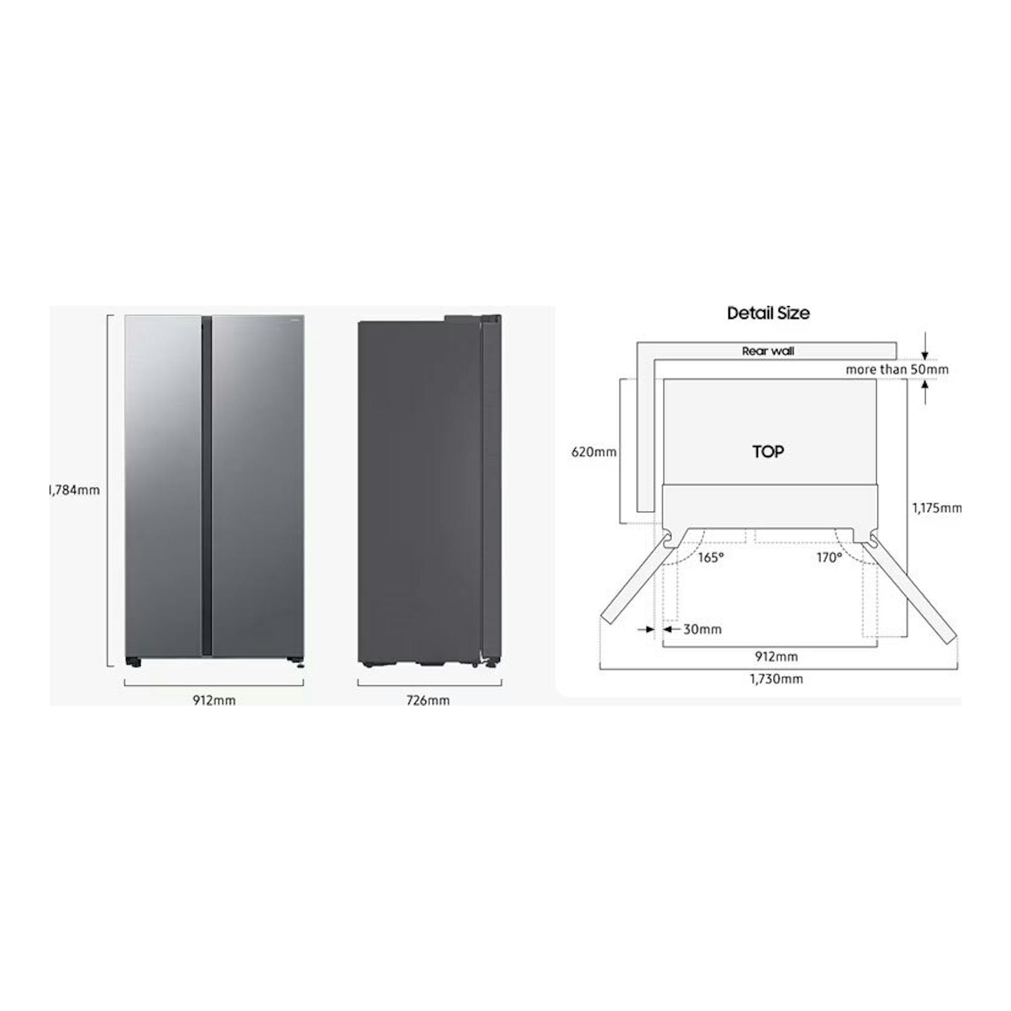 Samsung RS70F65QETEF frigorífico americano inox, vista frontal y lateral con medidas de instalación.