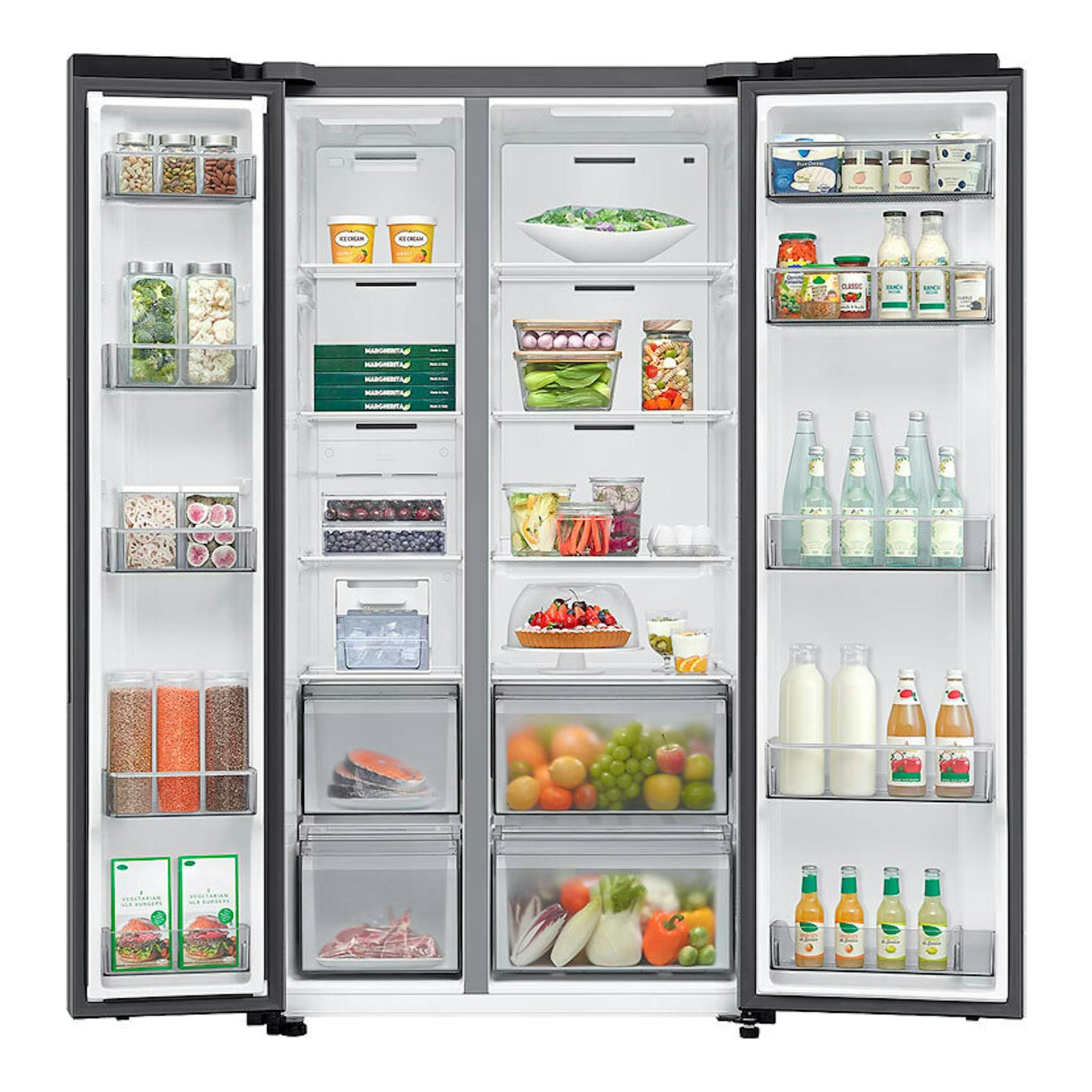Frigorífico americano Samsung RS70F65QETEF inox, vista frontal con cuatro puertas abiertas y estantes llenos.