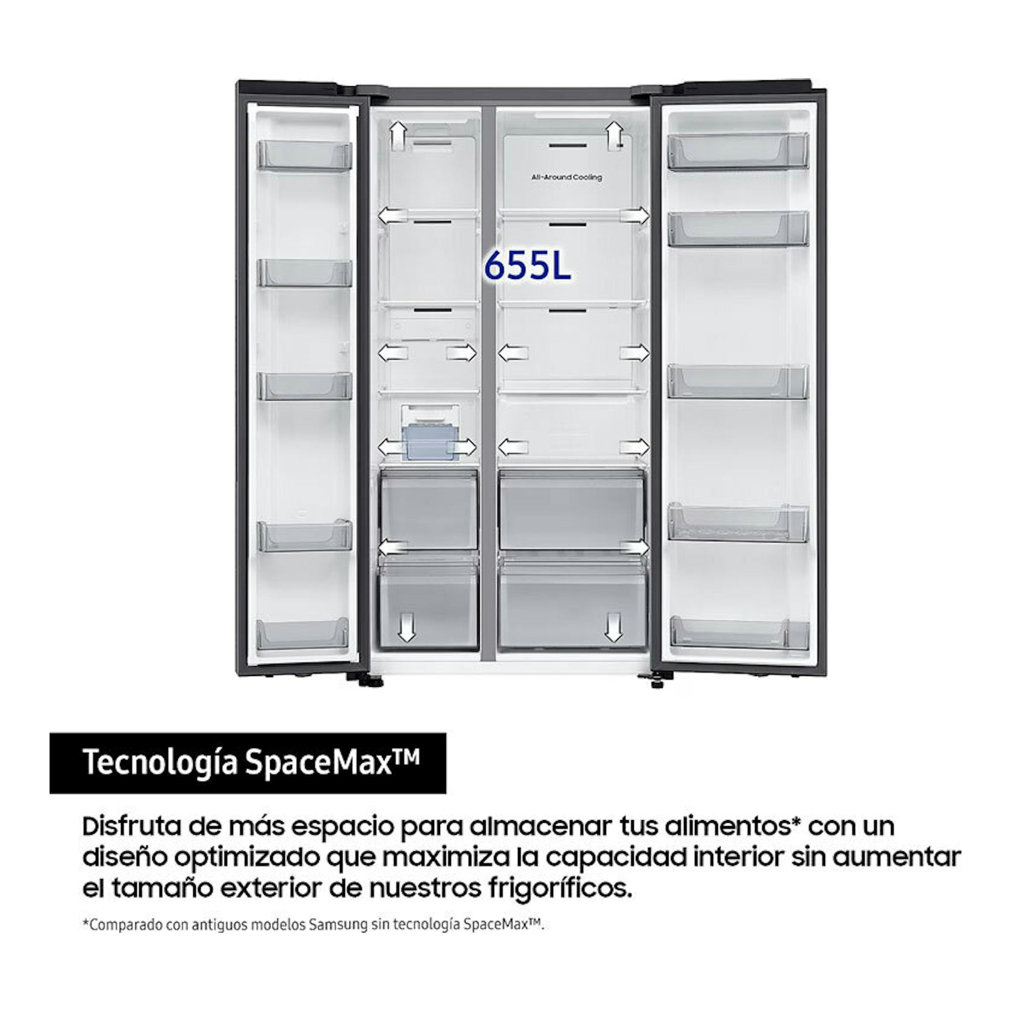 Frigorífico americano Samsung RS70F65QETEF inox, vista frontal con puertas abiertas y compartimentos interiores.