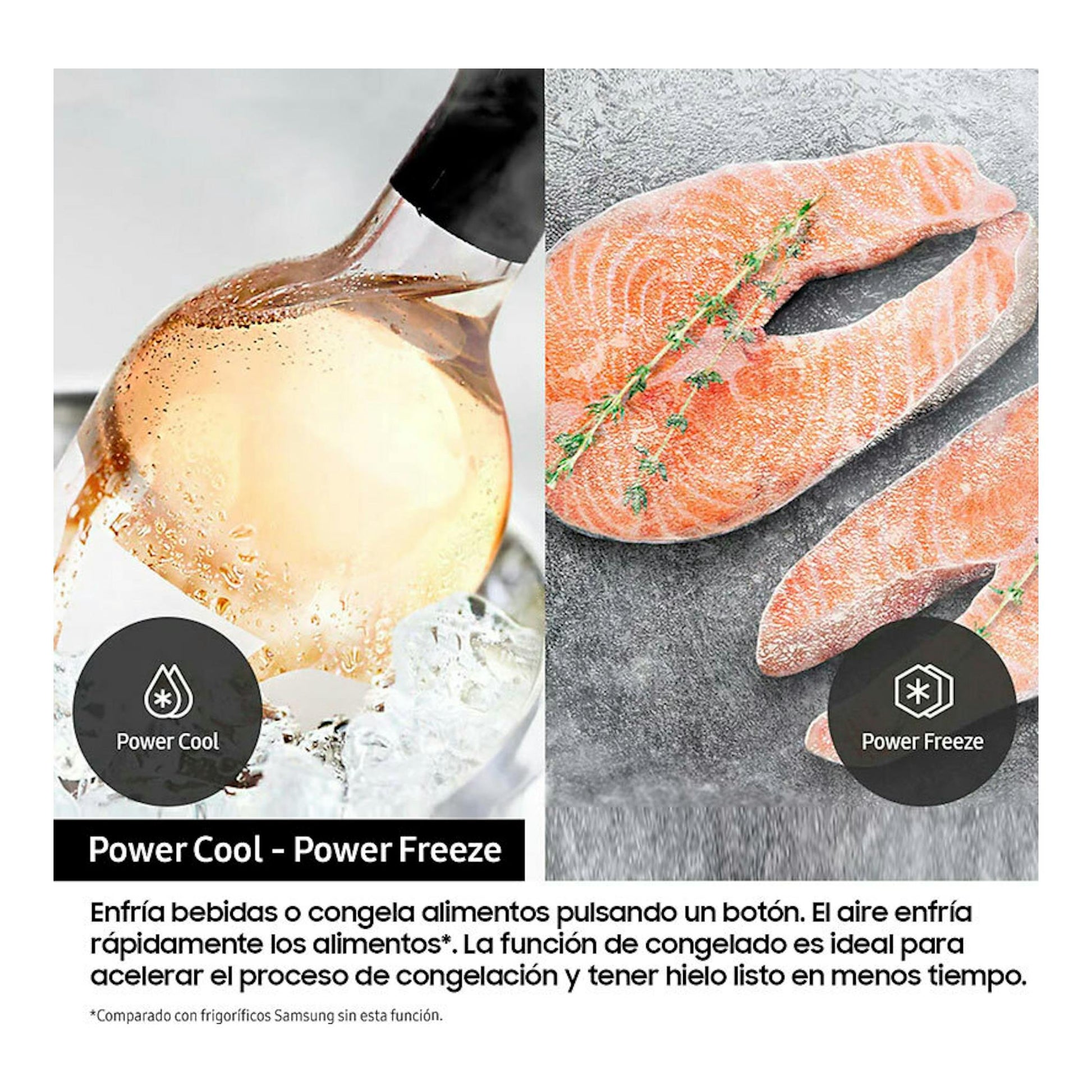 Gráfico promocional de Samsung con Power Cool y Power Freeze: bebida fría y salmón congelado.