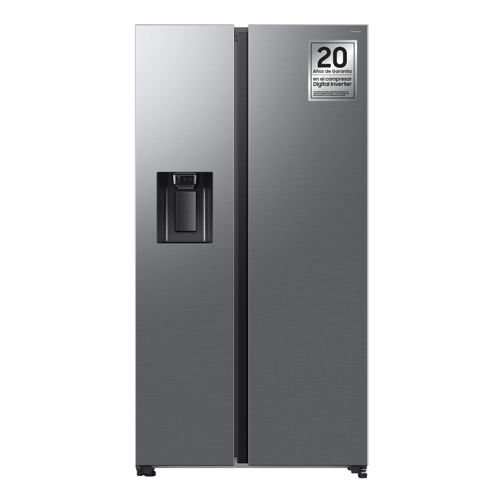 Frigorífico americano Samsung RS70F67KCTEF, vista frontal, inox, de dos puertas con dispensador en la izquierda.