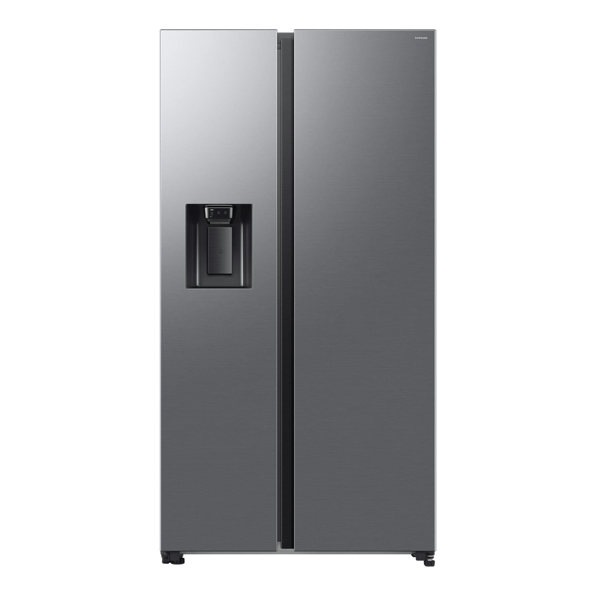 Frigorífico americano Samsung RS70F67KCTEF inox, vista frontal, con dispensador de agua en la puerta.