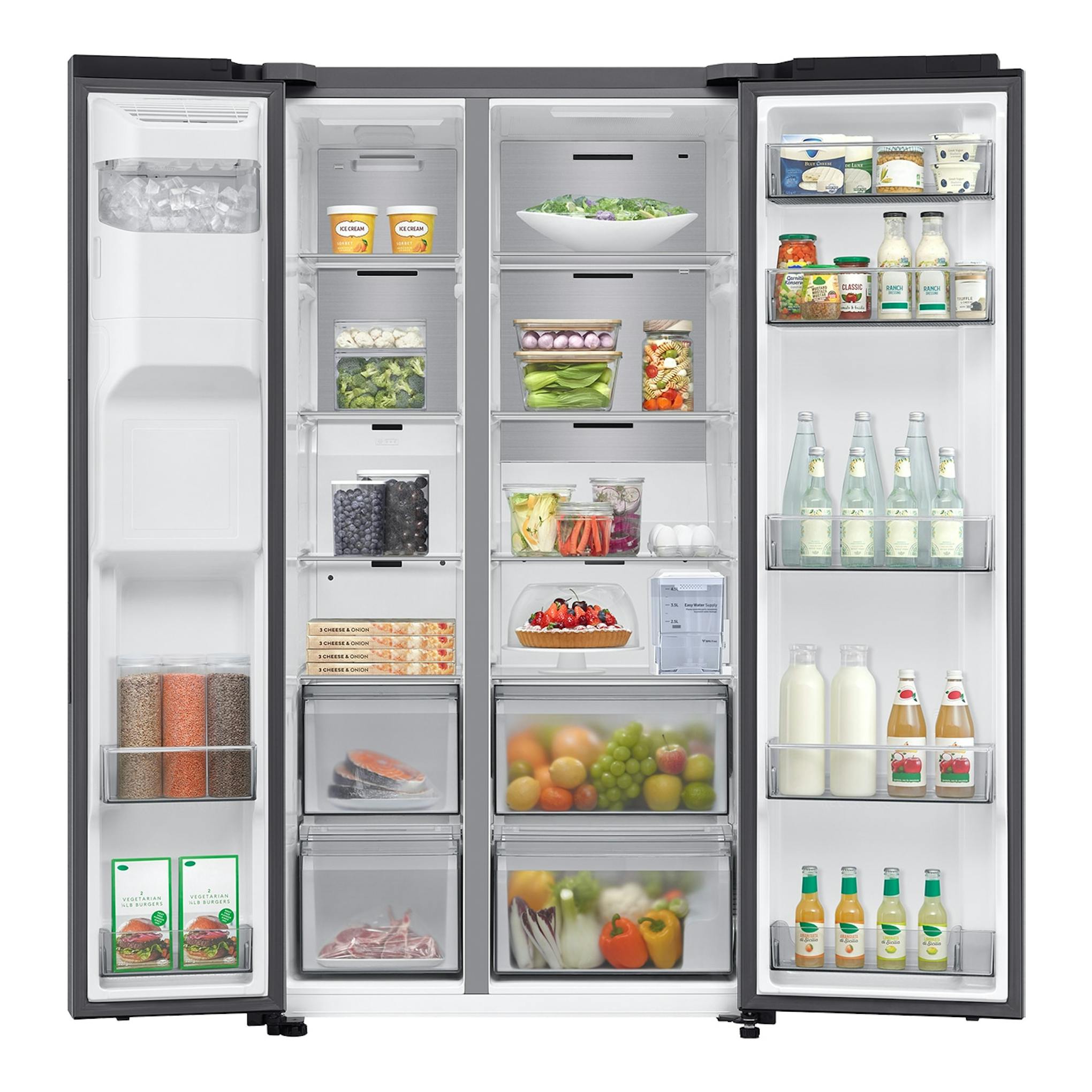 Frigorífico americano Samsung RS70F67KCTEF inox, vista frontal con puertas abiertas e interior visible.