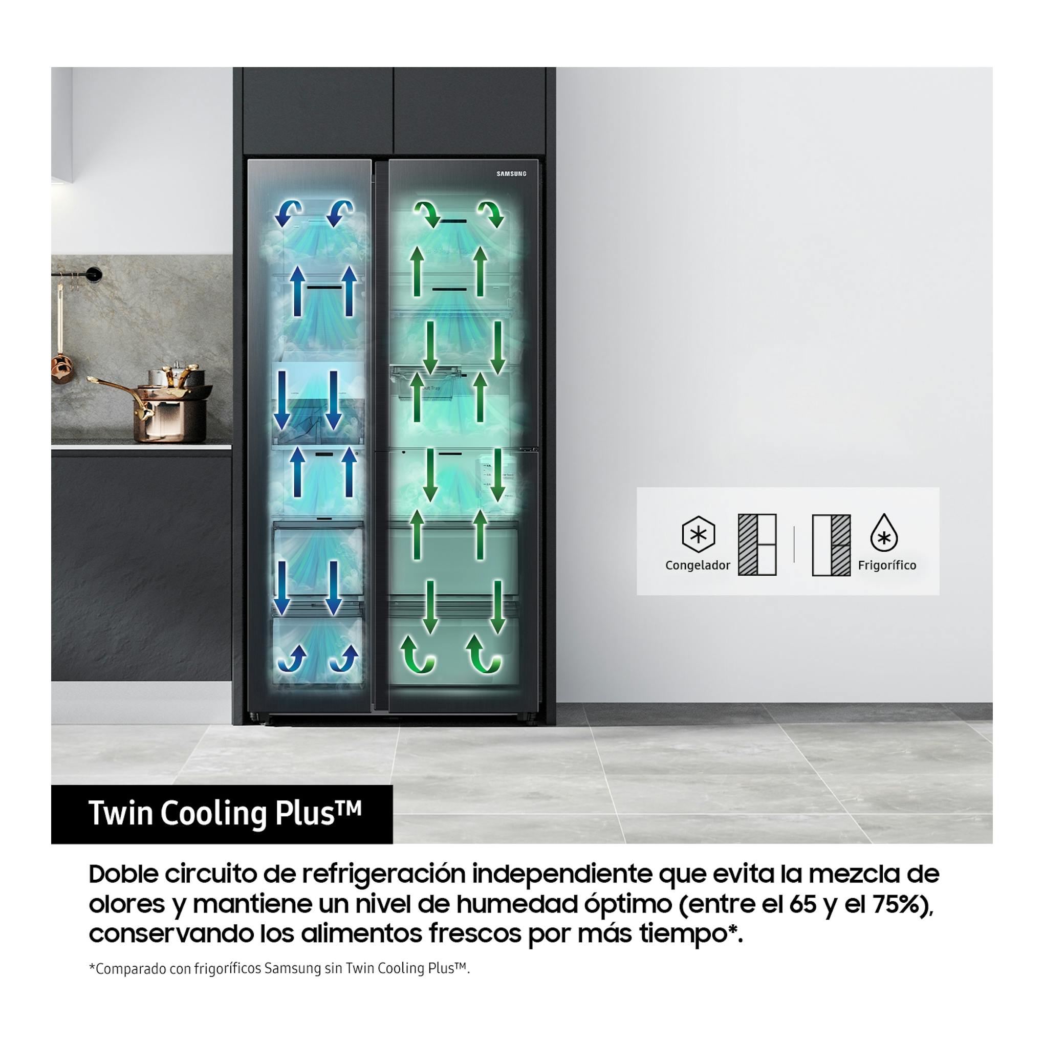 Frigorífico americano Samsung RS70F67KCTEF negro, vista frontal, con gráfico Twin Cooling Plus.