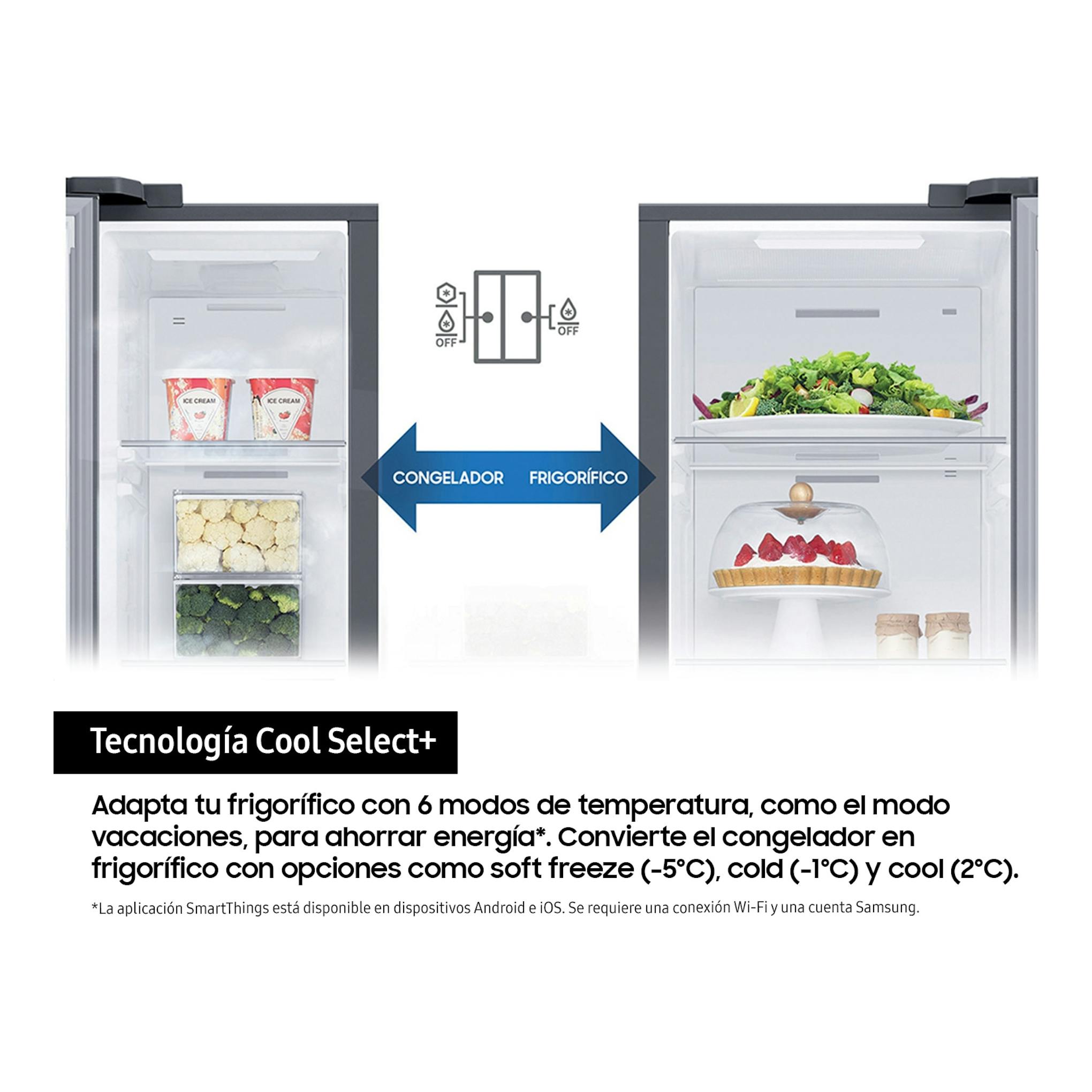 Samsung RS70F67KCTEF, interior frontal de frigorífico americano con modos congelador/frigorífico y Cool Select+