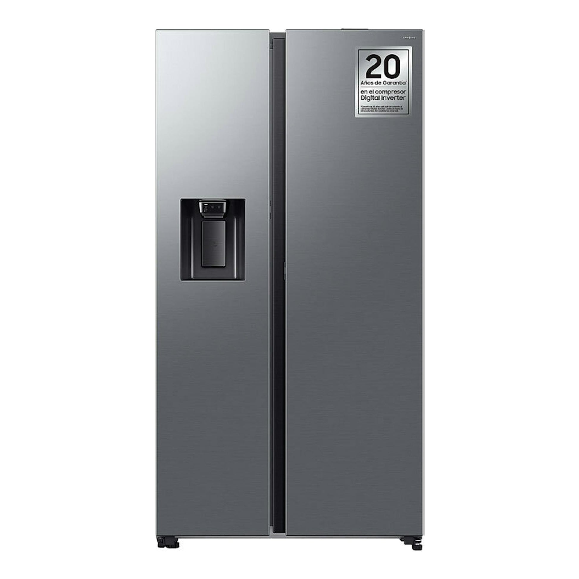 Frigorífico americano Samsung RS80F64KDTEF inox, vista frontal, con dispensador de agua y dos puertas.