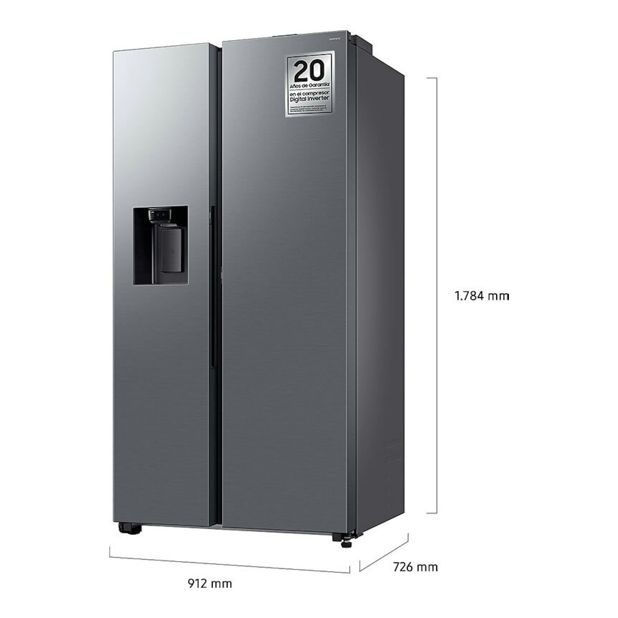 Frigorífico americano Samsung RS80F64KDTEF inox, vista frontal en ángulo, con dispensador y medidas.