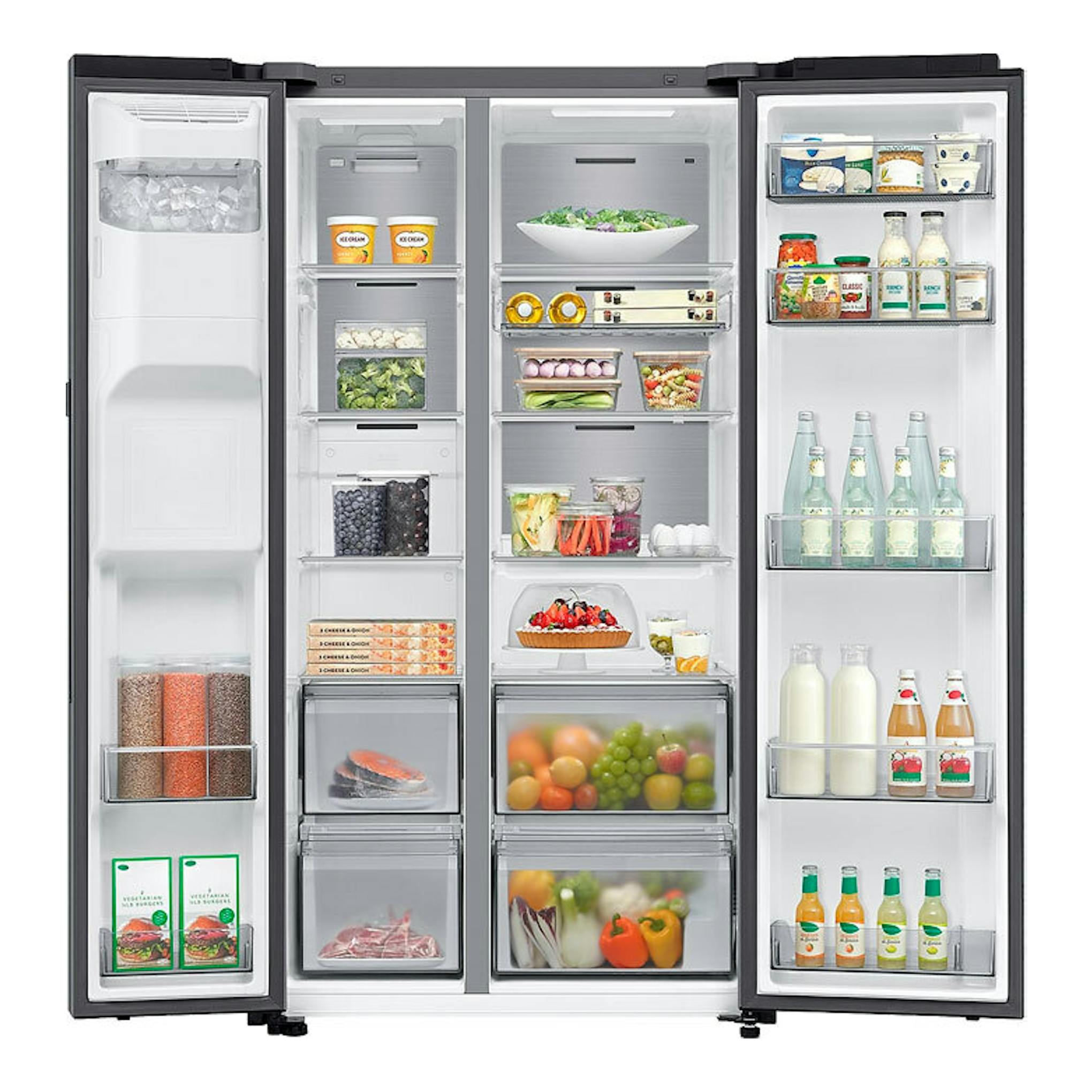 Frigorífico americano Samsung RS80F64KDTEF inox, visto de frente con las puertas abiertas y el interior visible.