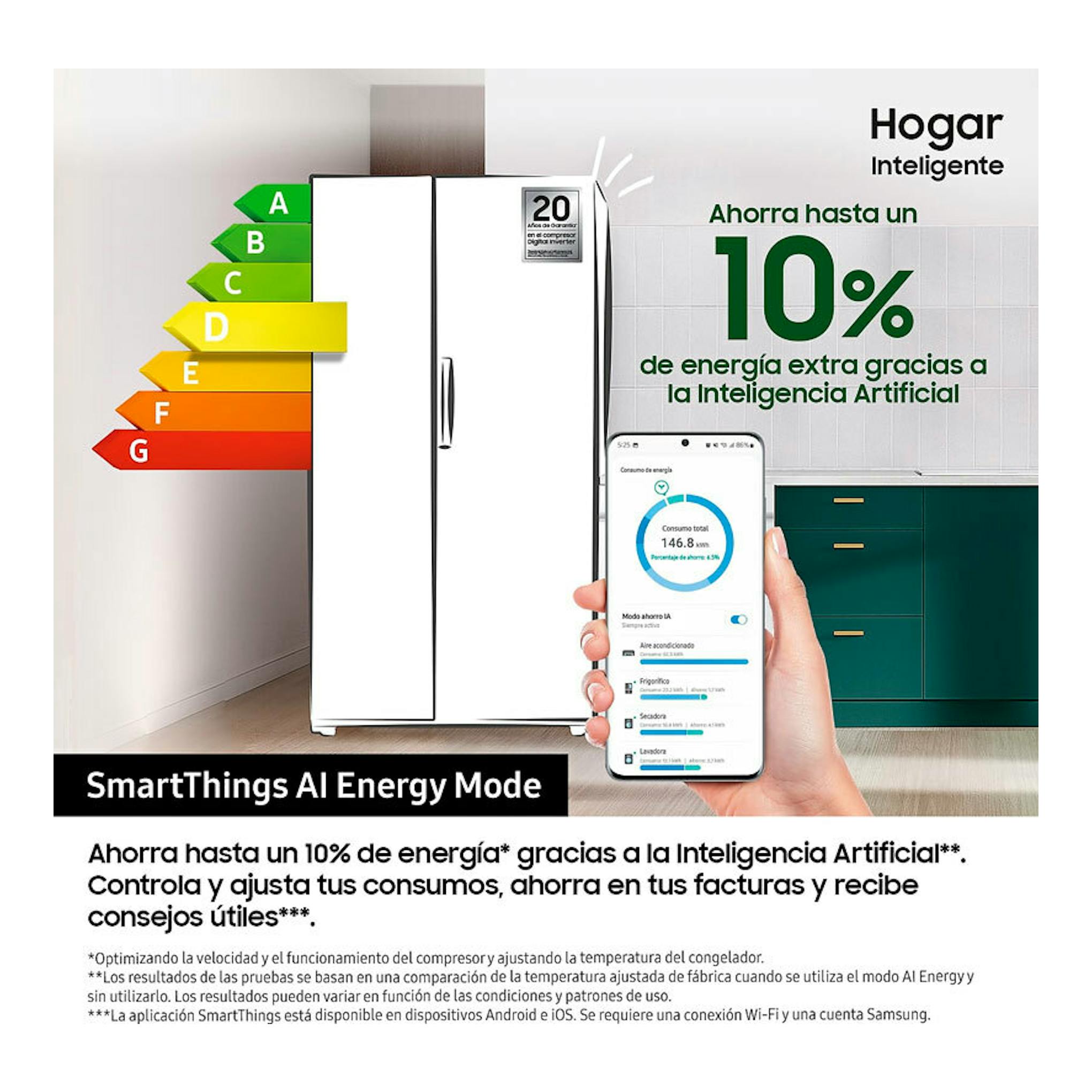 Frigorífico americano Samsung RS80F64KDTEF blanco, vista frontal, con móvil mostrando SmartThings AI Energy Mode.
