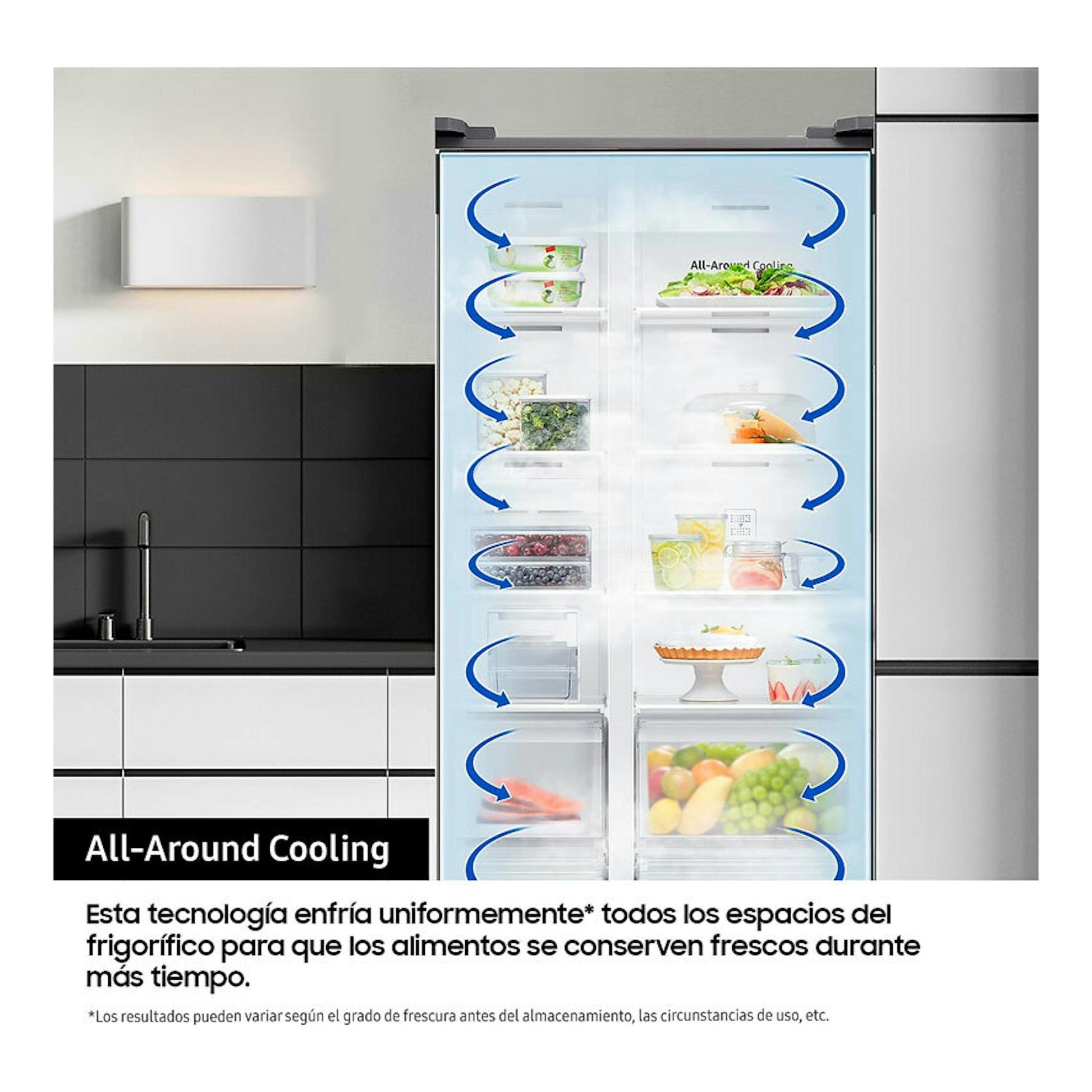 Frigorífico americano Samsung RS80F64KDTEF inox, vista frontal con puertas abiertas e interior iluminado.
