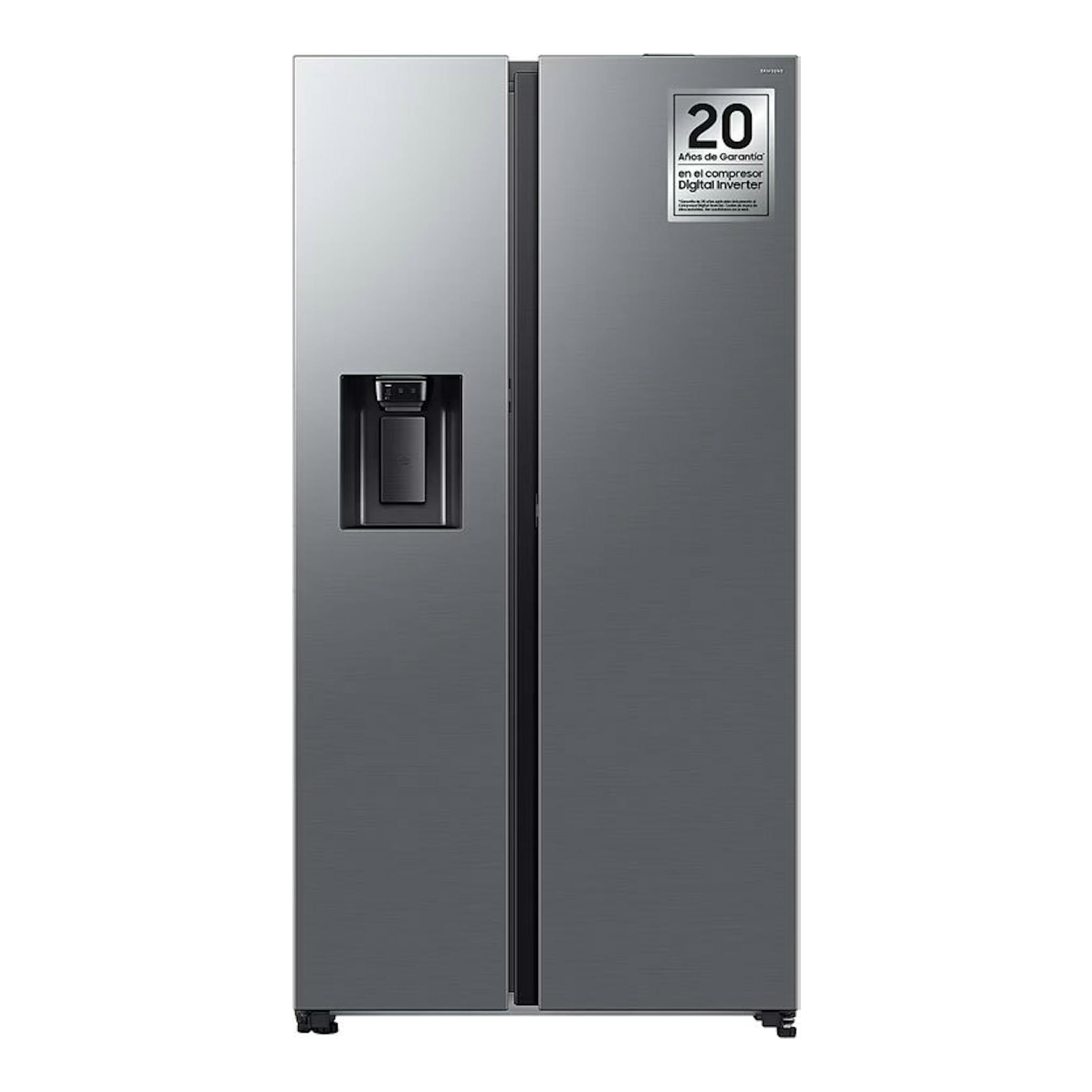 Frigorífico americano Samsung RS80F66KCTEF inox, vista frontal, dos puertas, dispensador de agua.
