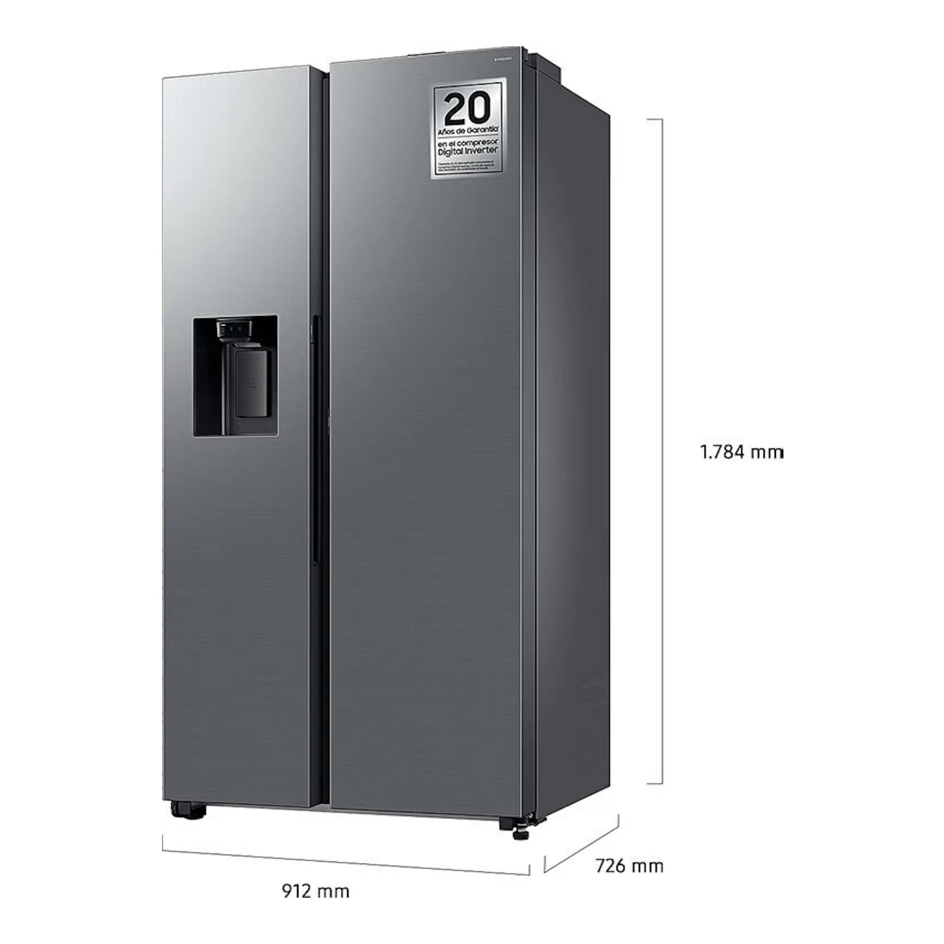 Frigorífico americano Samsung RS80F66KCTEF inox, vista frontal, con dispensador y medidas 1784 x 912 x 726 mm.