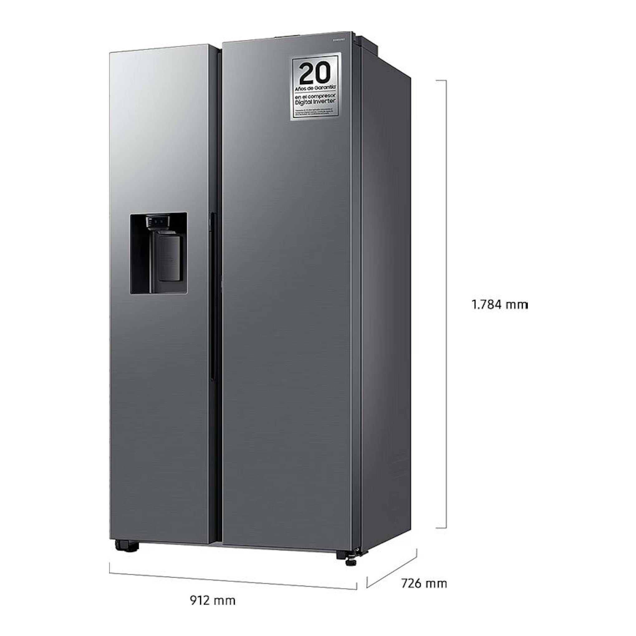 Frigorífico americano Samsung RS80F66KCTEF inox, vista frontal, con dispensador y medidas 1784 x 912 x 726 mm.
