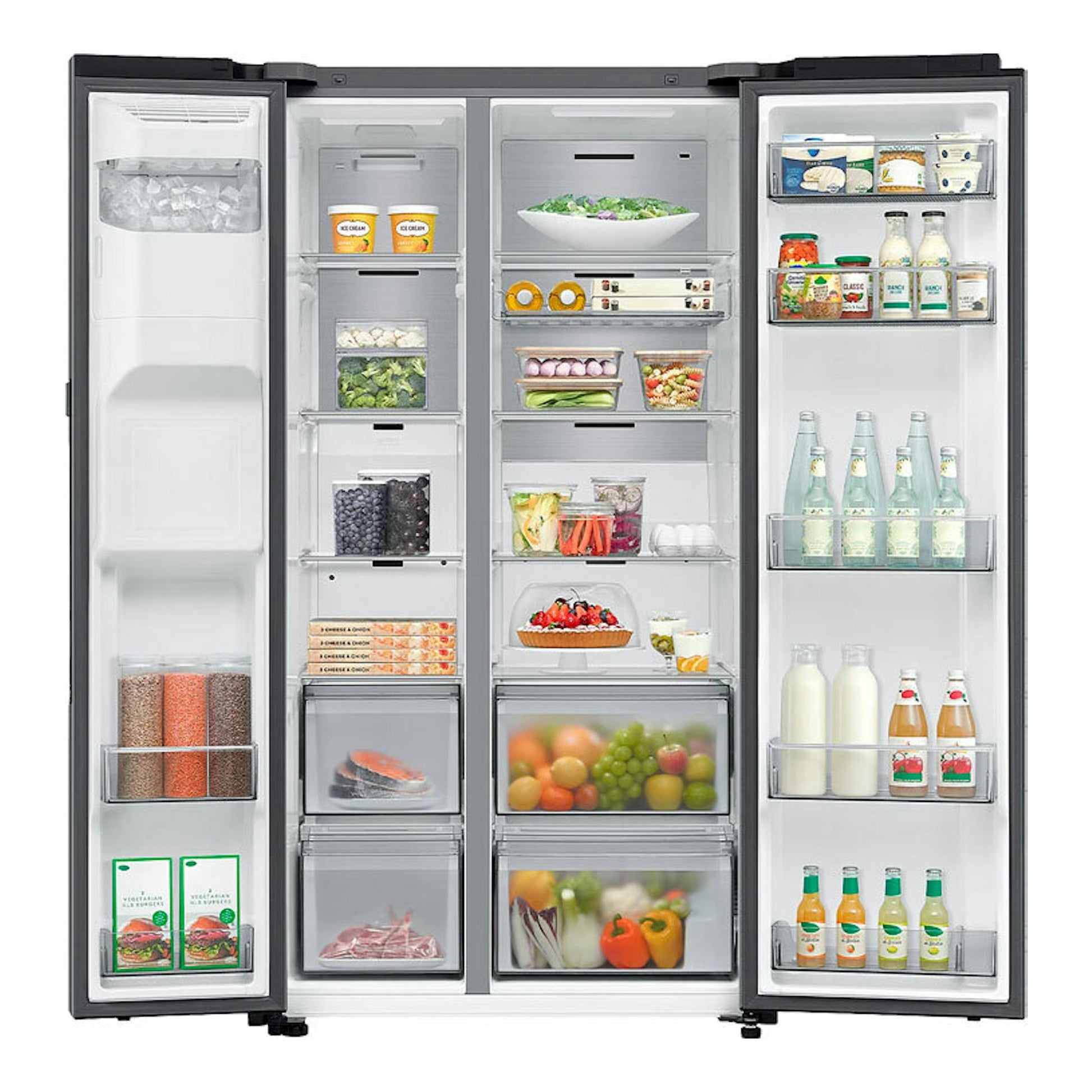 Frigorífico americano Samsung RS80F66KCTEF inox, vista frontal abierta, con compartimentos y estantes llenos.