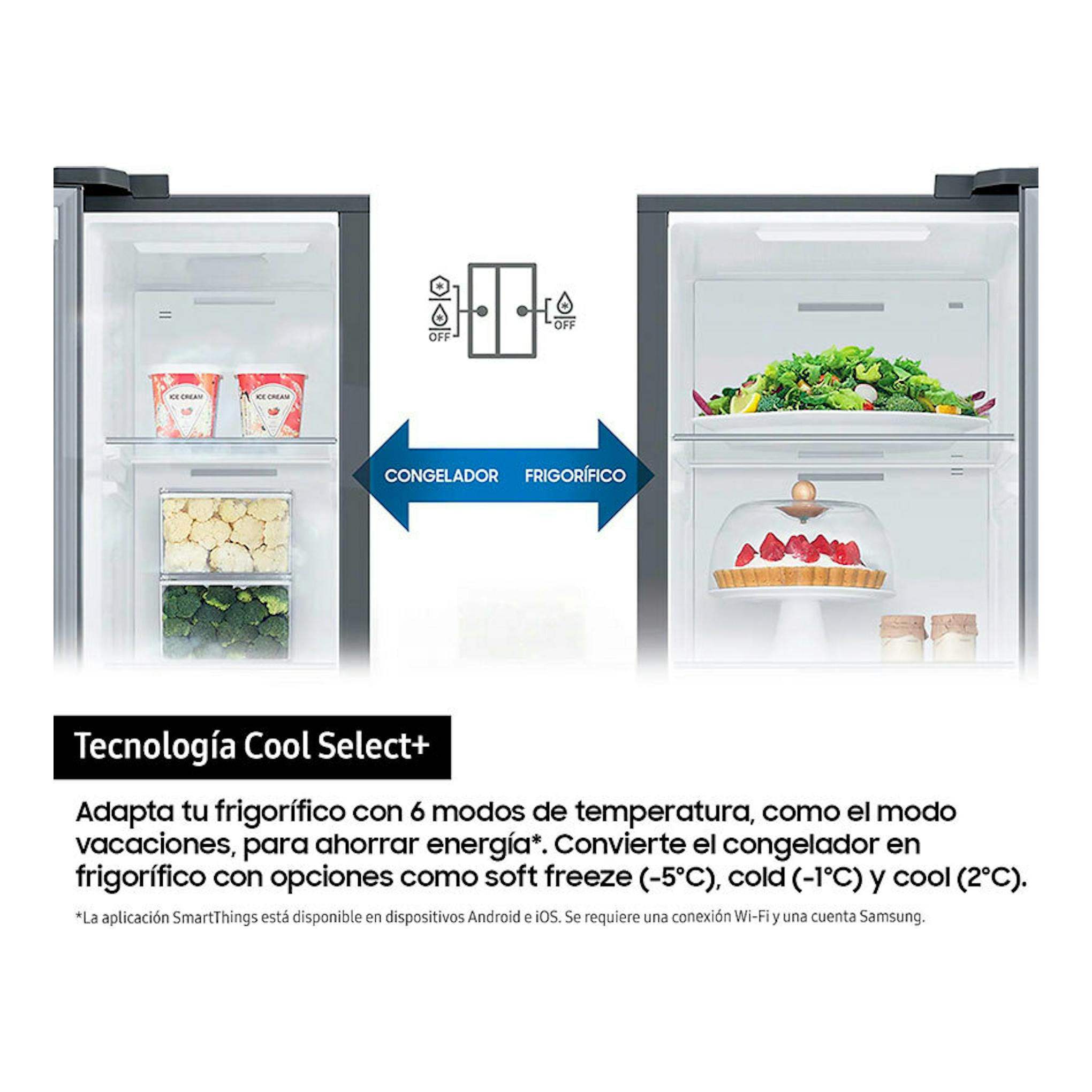 Samsung RS80F66KCTEF, frigorífico americano inox, vista frontal con dos compartimentos interiores y texto promocional.