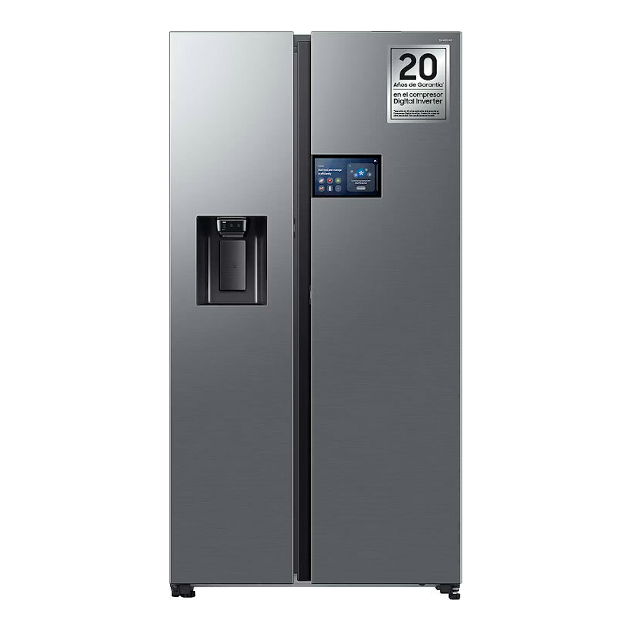 Frigorífico americano Samsung RS90F64EETEF inox, vista frontal, puertas dobles, dispensador y pantalla.