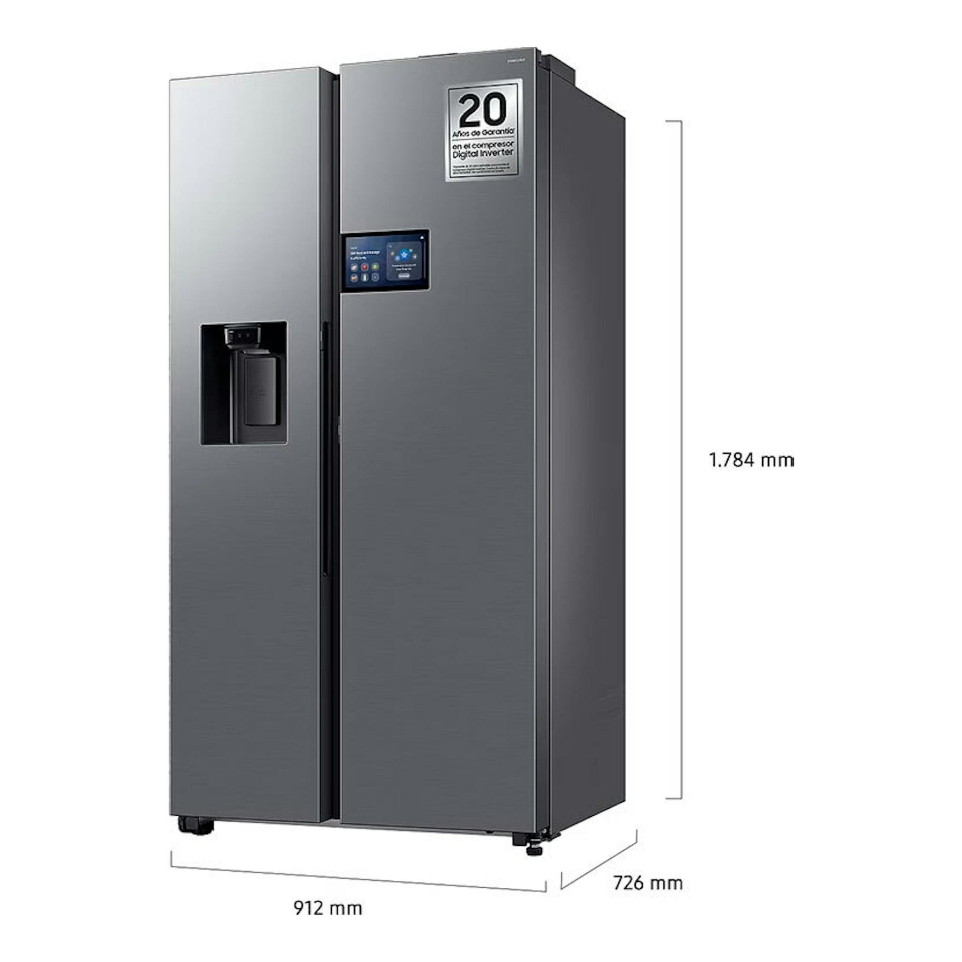 Frigorífico americano Samsung RS90F64EETEF inox, vista frontal en ángulo, con dispensador y pantalla táctil.