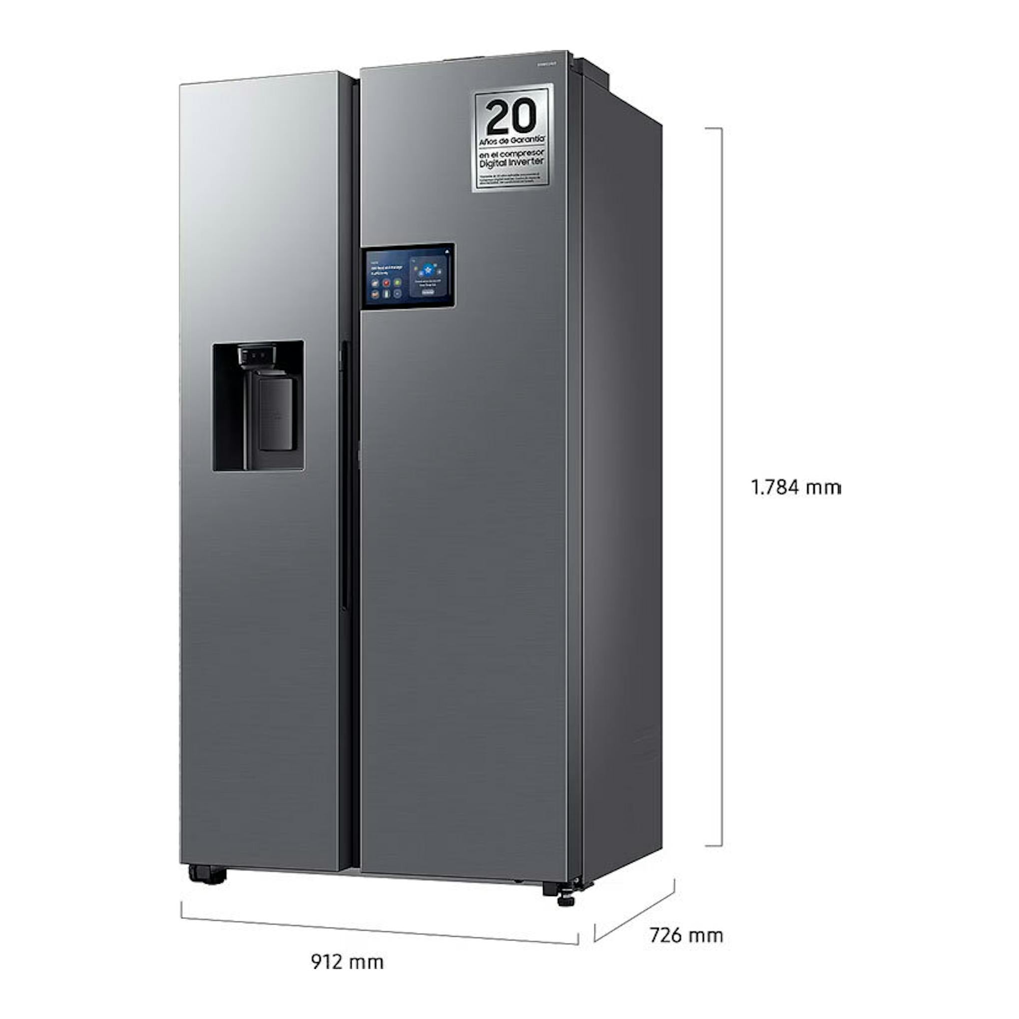 Frigorífico americano Samsung RS90F64EETEF inox, vista frontal en ángulo, con dispensador y pantalla táctil.